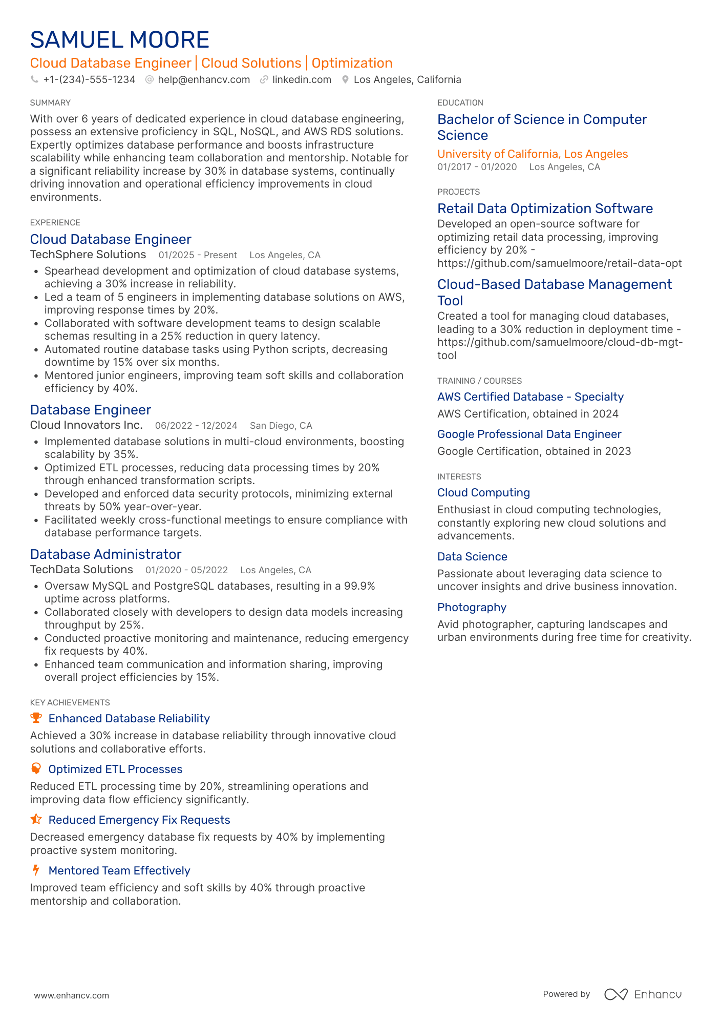 A resume example of a Cloud Database Engineer