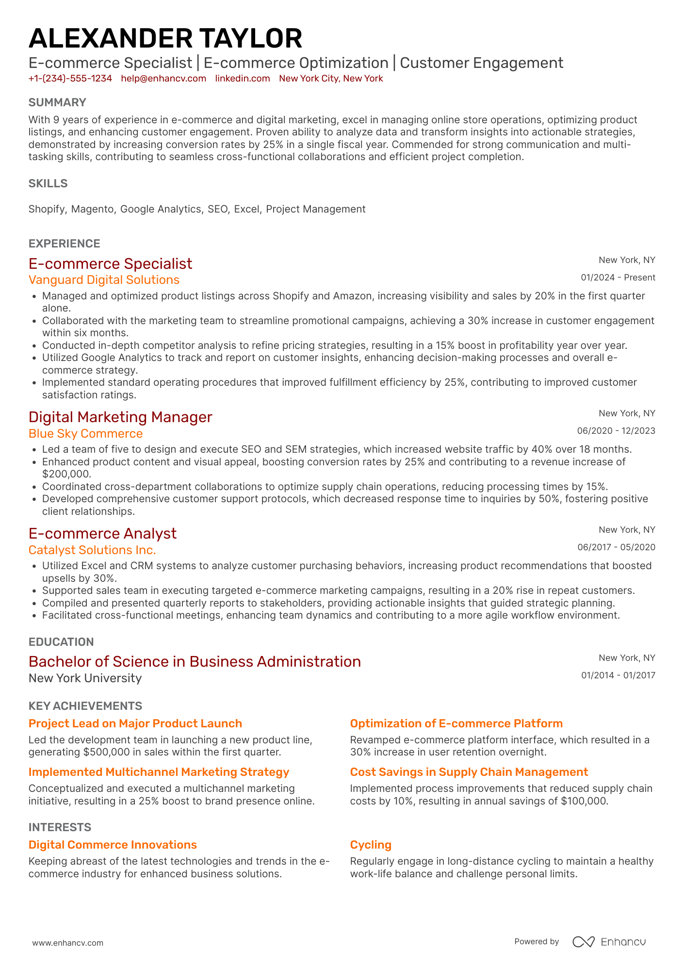 A resume example of a Work from Home E commerce Specialist