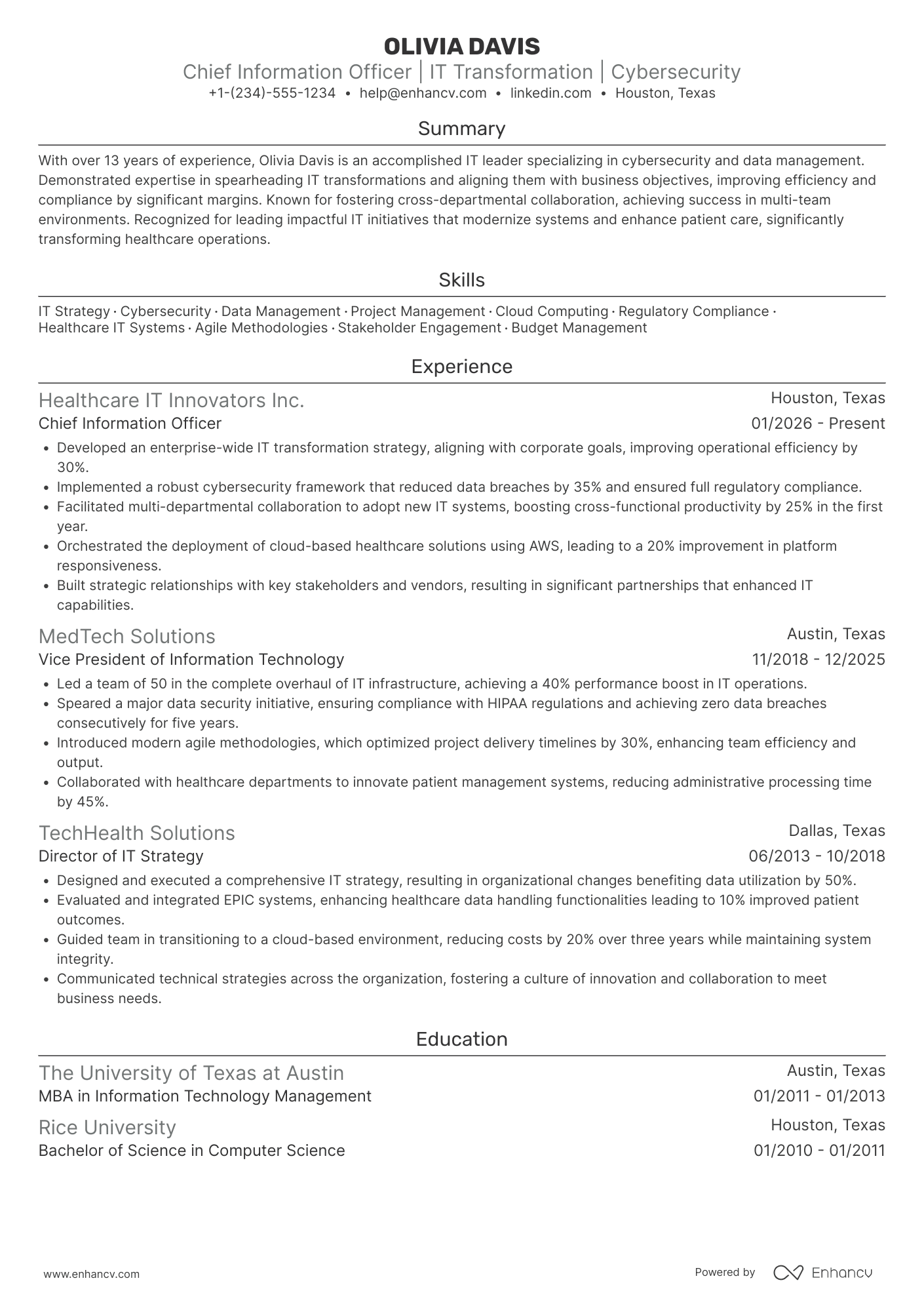 A resume example of a Interim Chief Information Officer