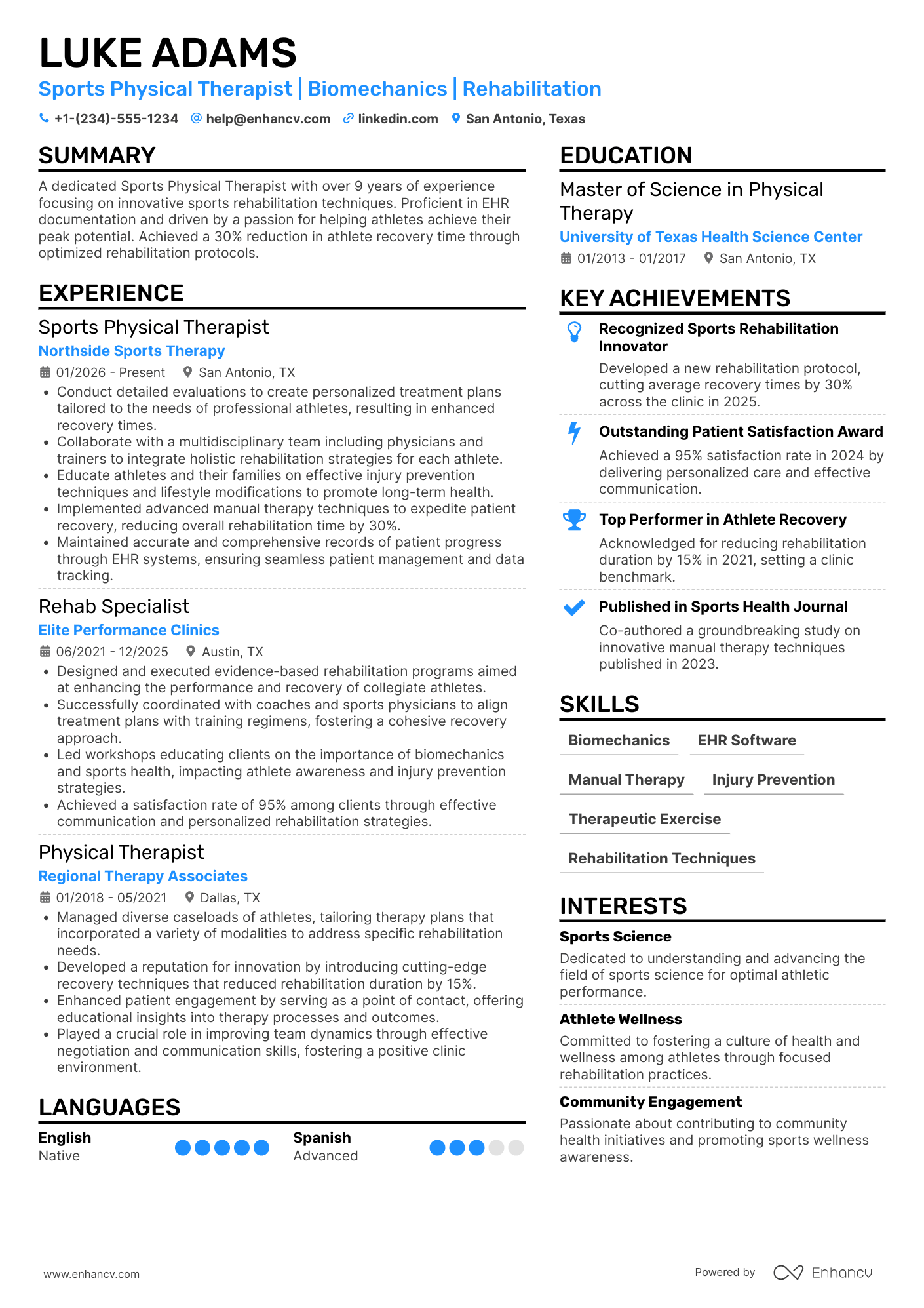 A resume example of a Sports Physical Therapist