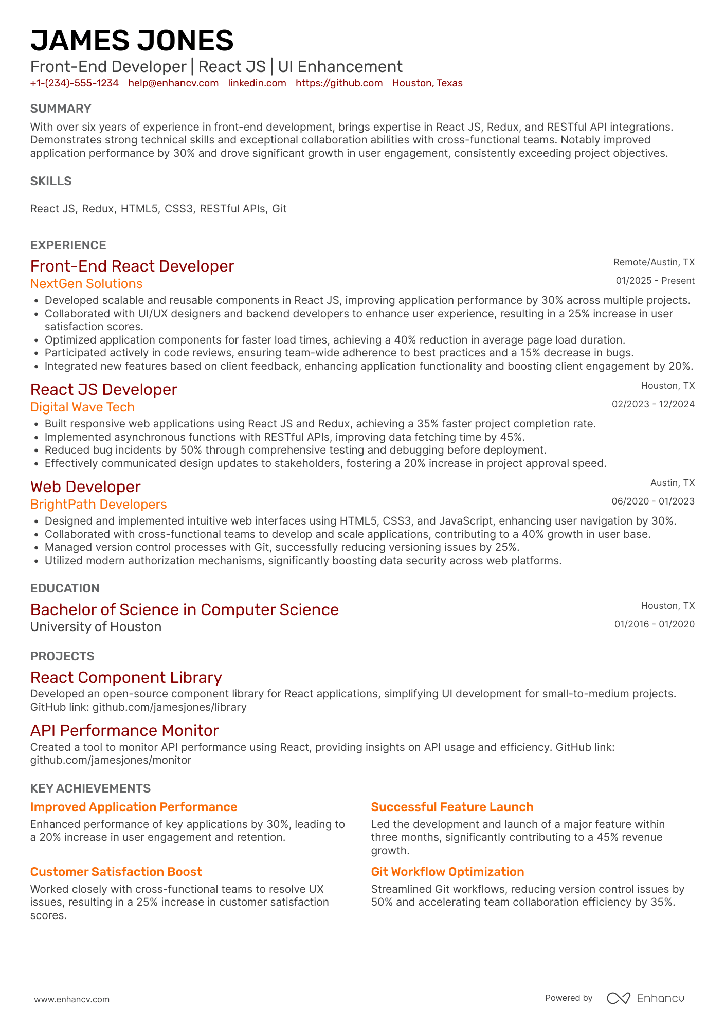 A resume example of a React JS Developer