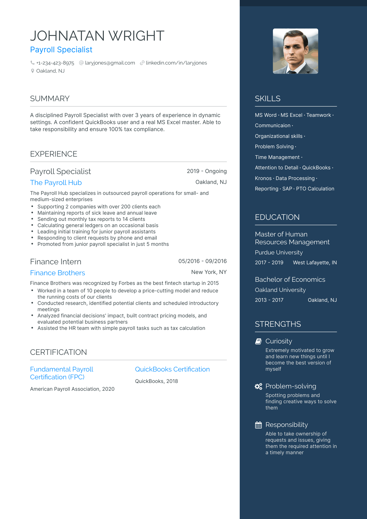 One Page Payroll Resume Template