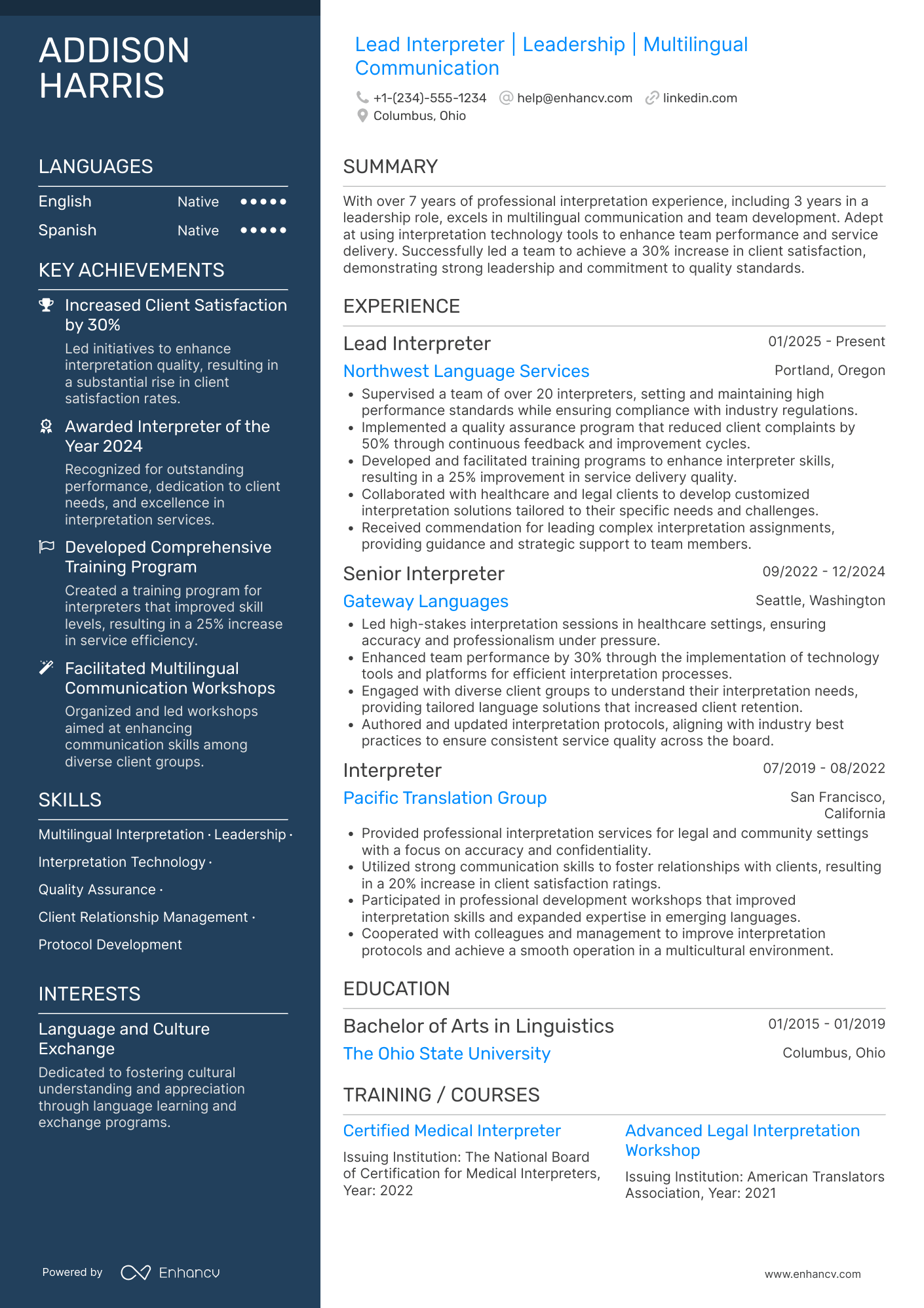 A resume example of a Lead Interpreter