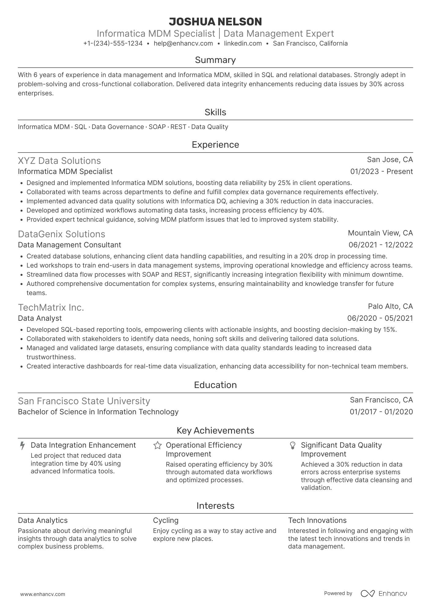 A resume example of a Informatica MDM Specialist