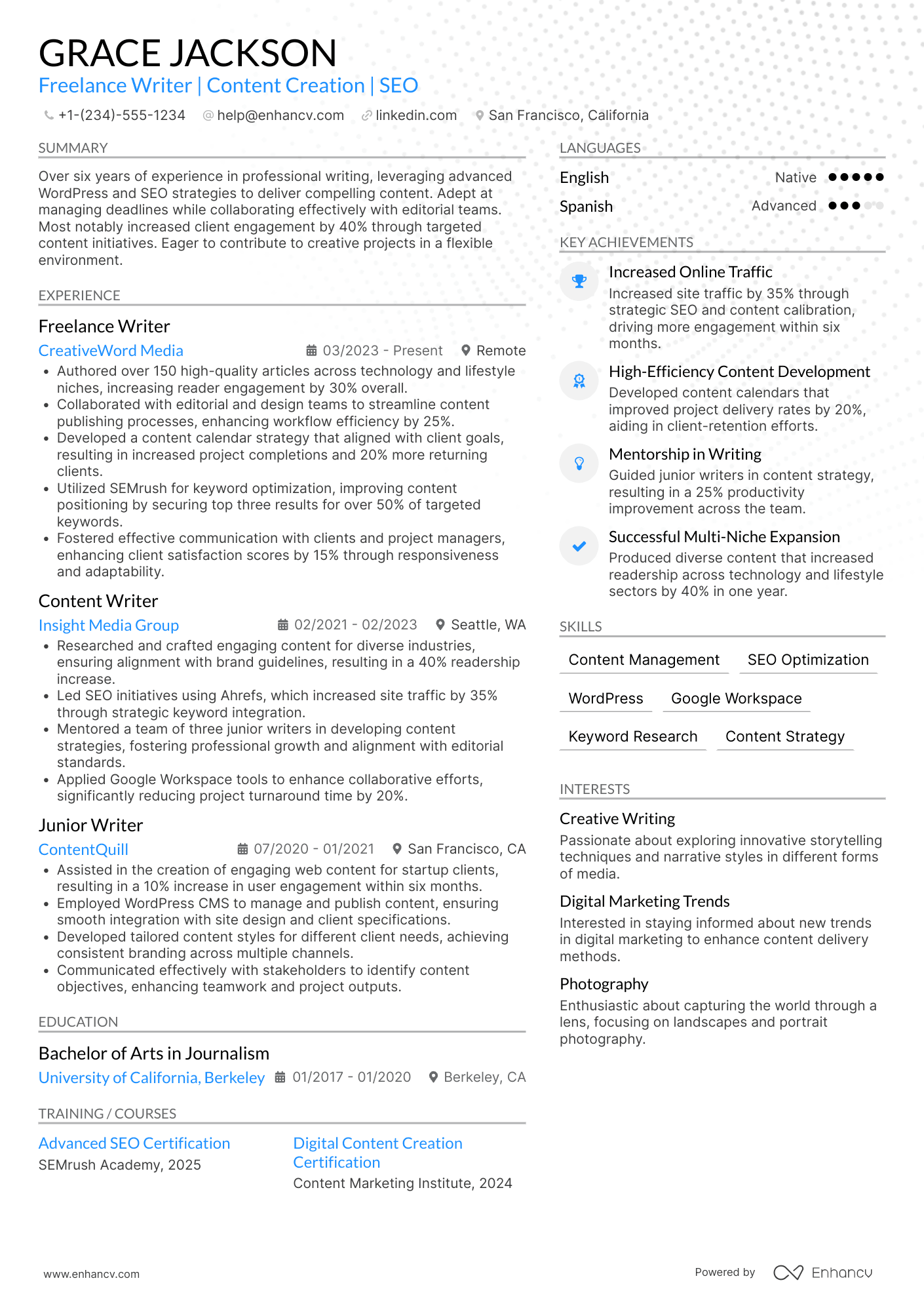 A resume example of a Stay at Home Mom Freelance Writer