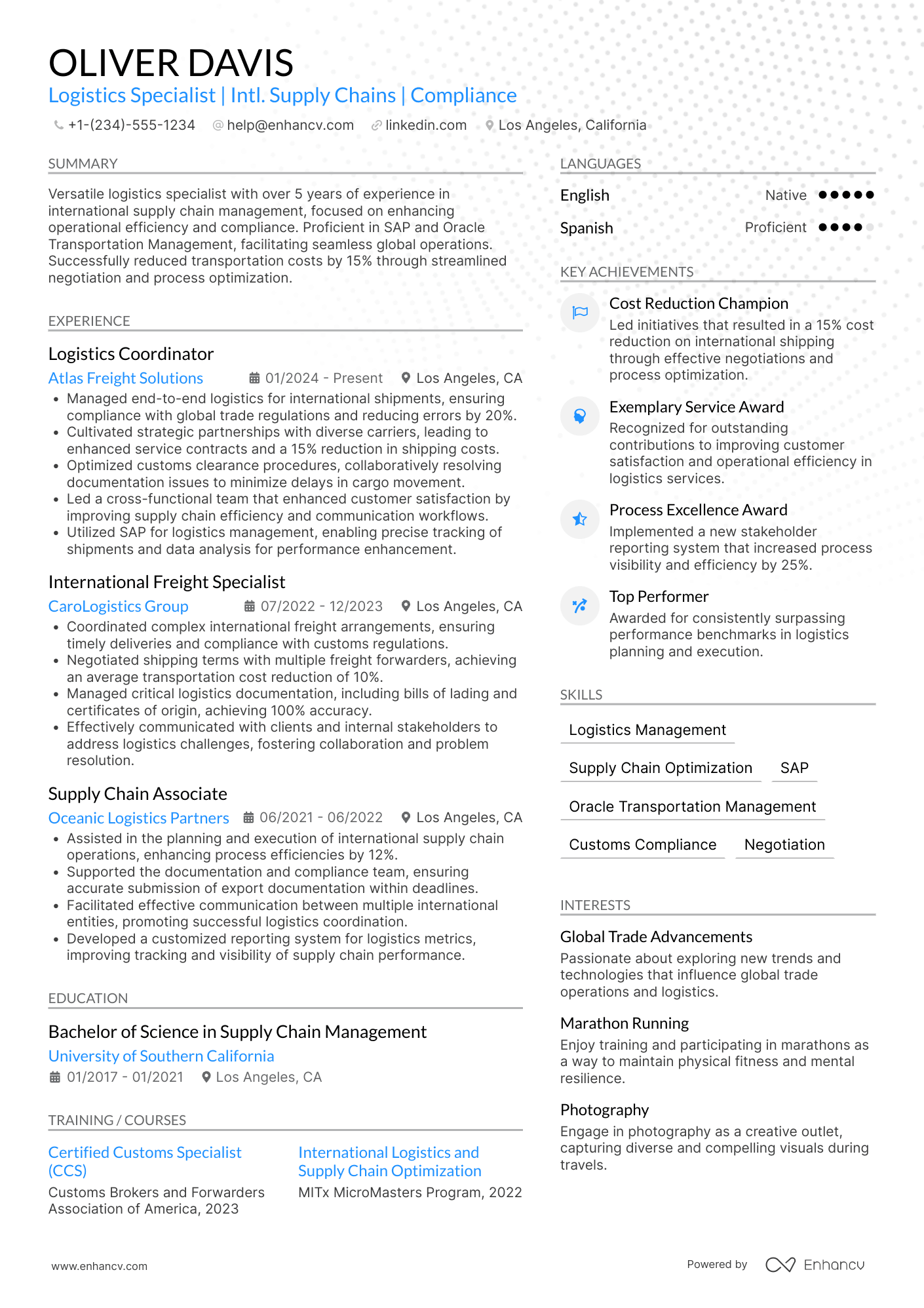 A resume example of a International Logistics Coordinator