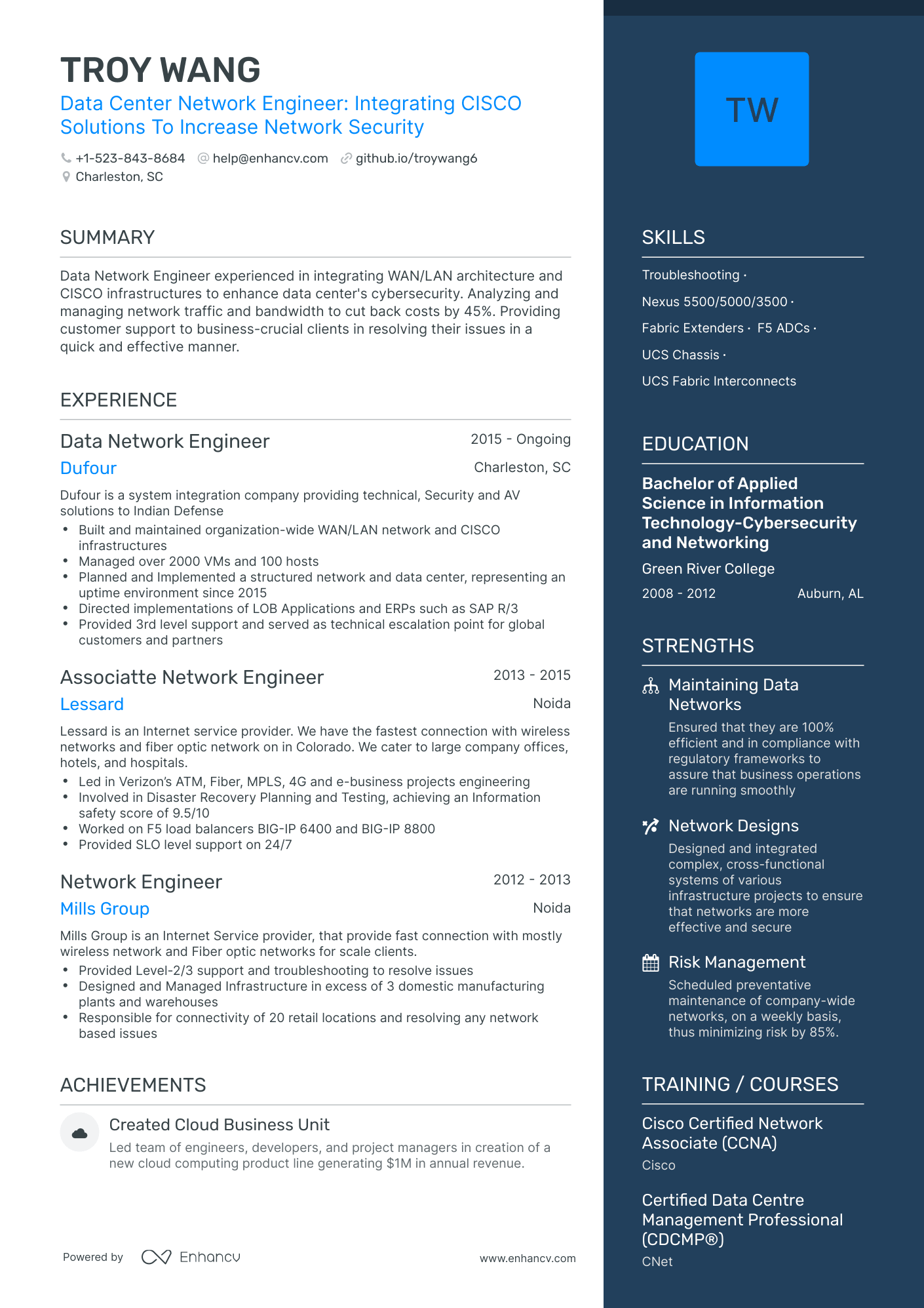 One Page Data Center Network Engineer Resume Template