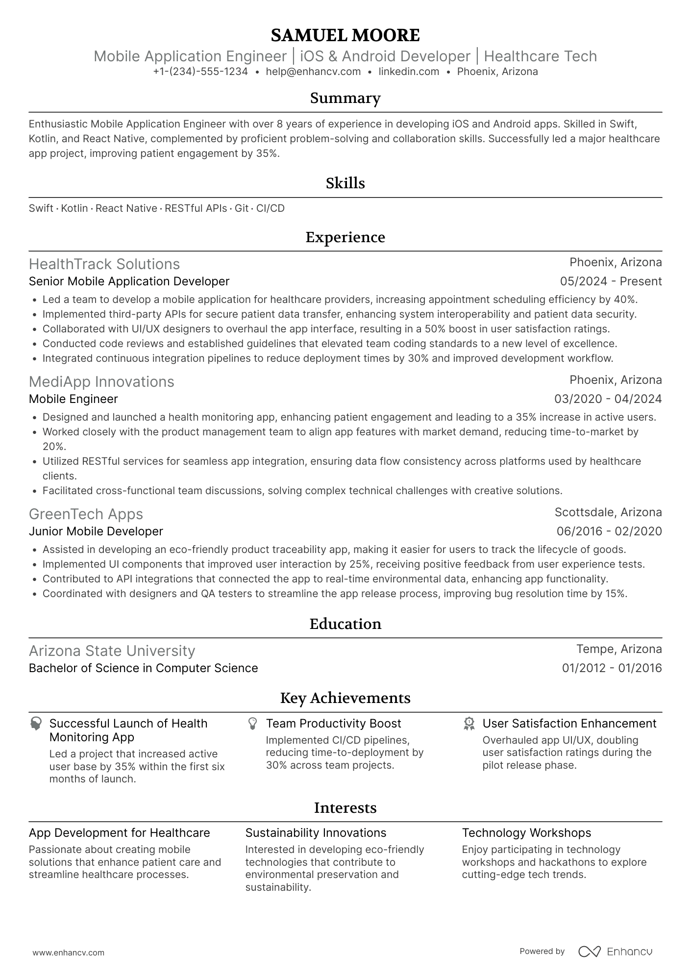A resume example of a Mobile Application Engineer