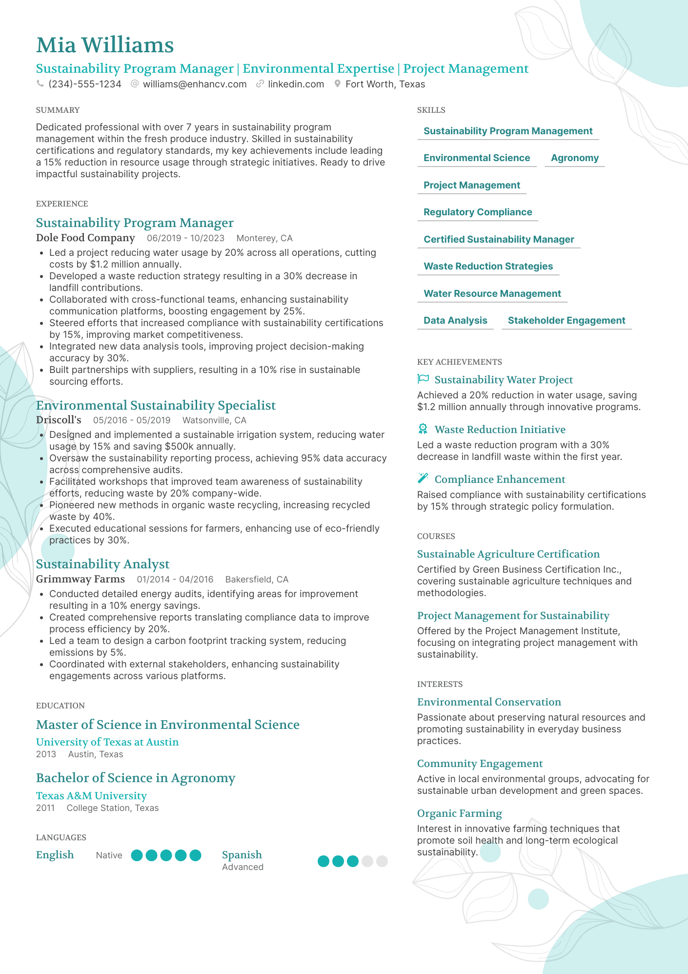 A resume example of a Sustainability Program Manager