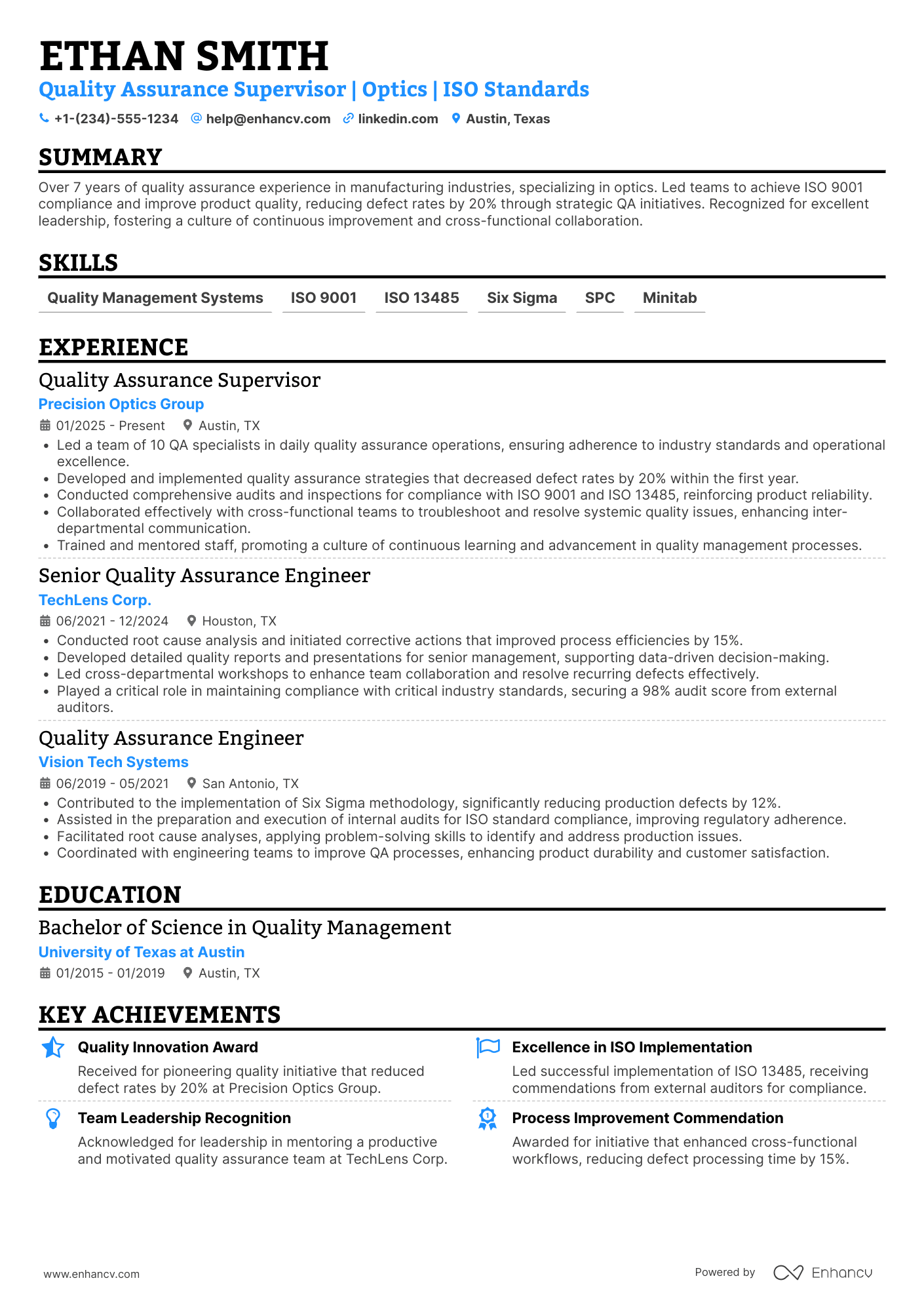 A resume example of a Quality Assurance Supervisor