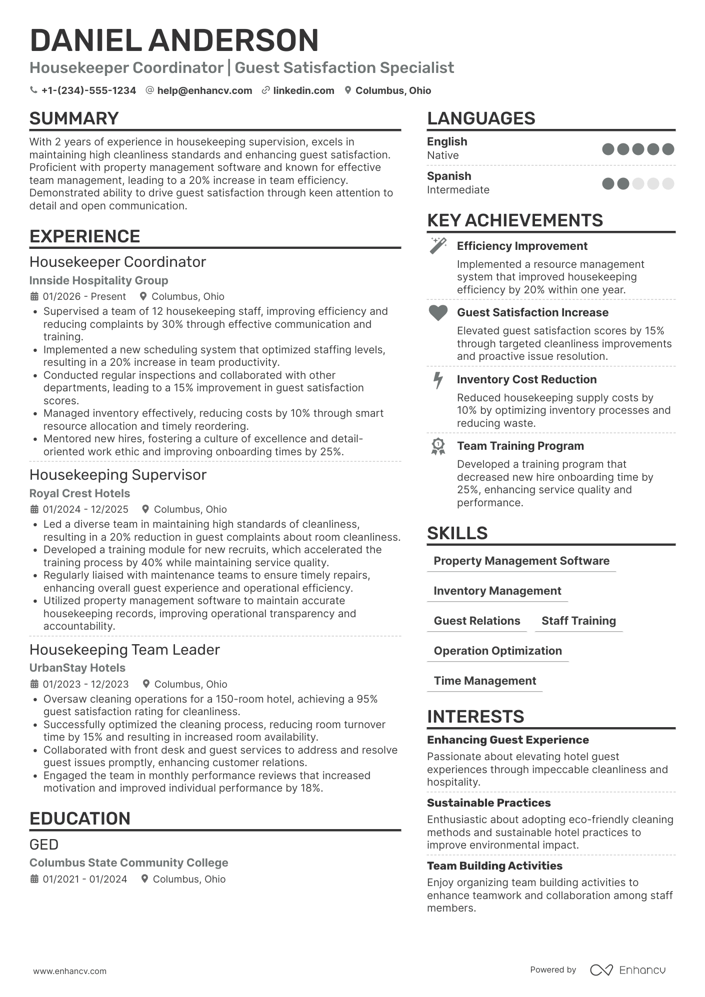 A resume example of a Housekeeper Coordinator