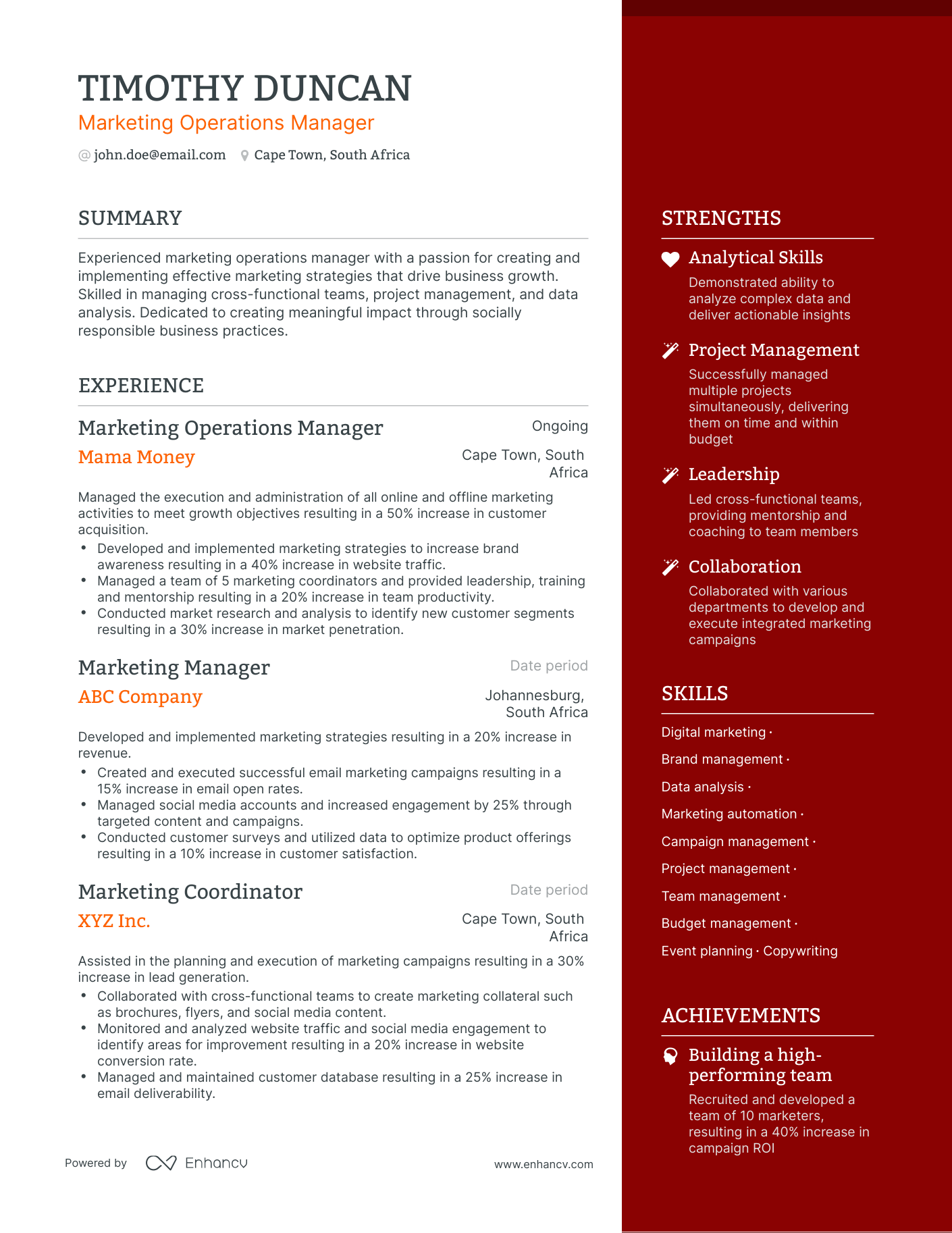 One Page Marketing Operations Manager Resume Template