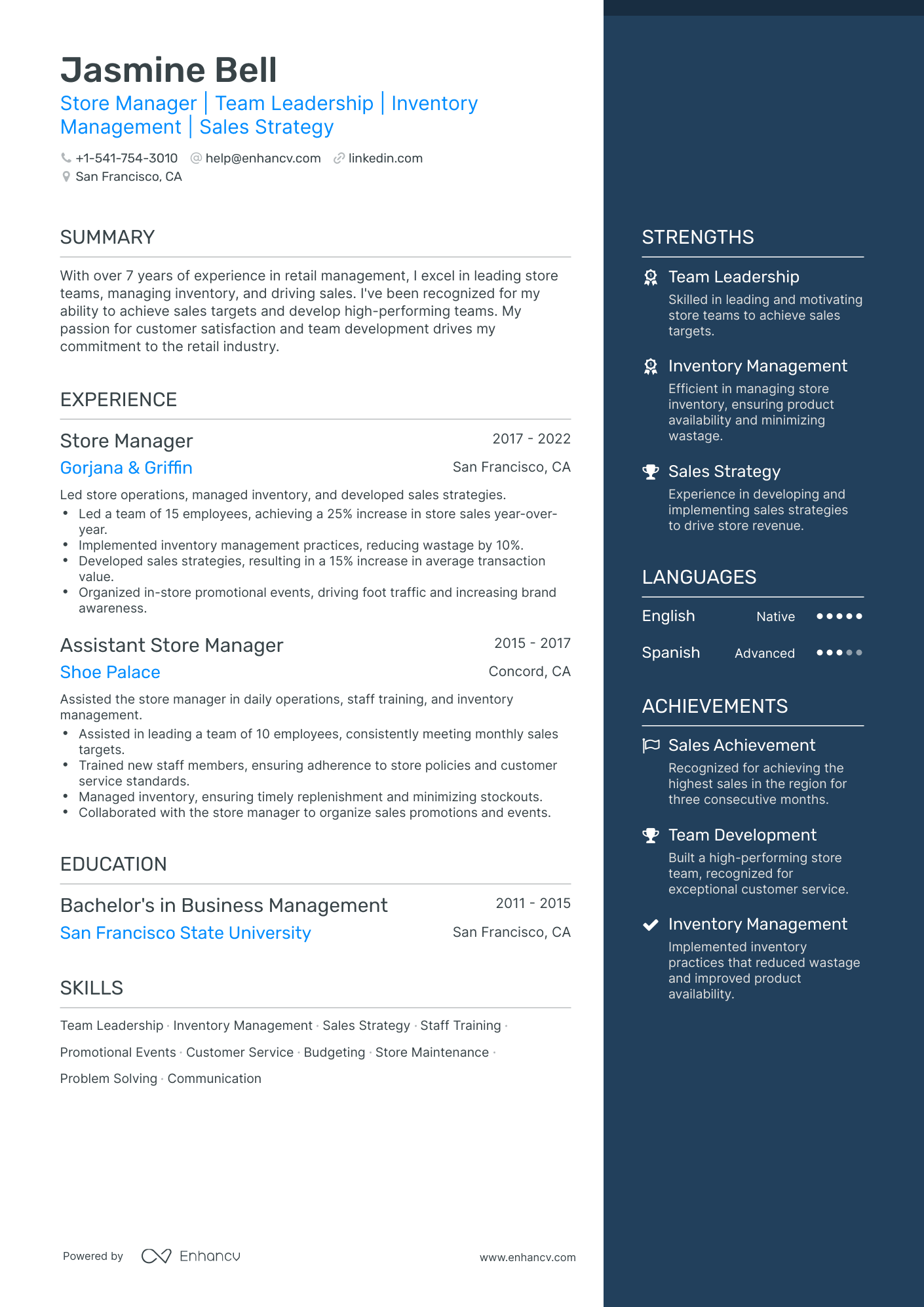One Page Store Manager Resume Template