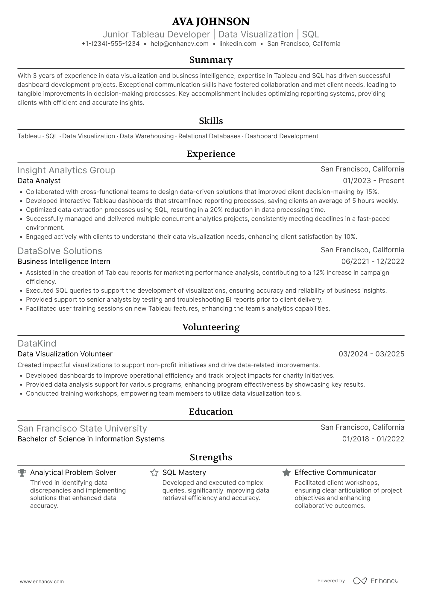 A resume example of a Junior Tableau Developer
