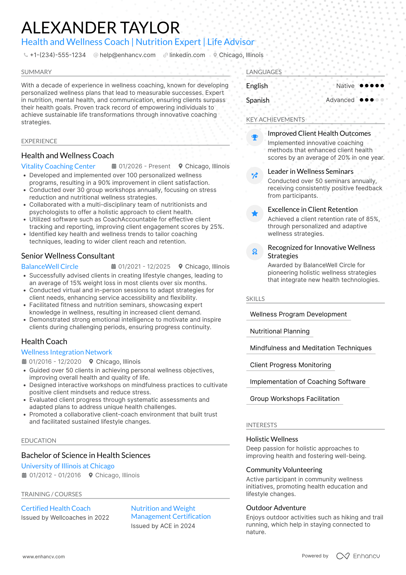 A resume example of a Health and Wellness Life Coach