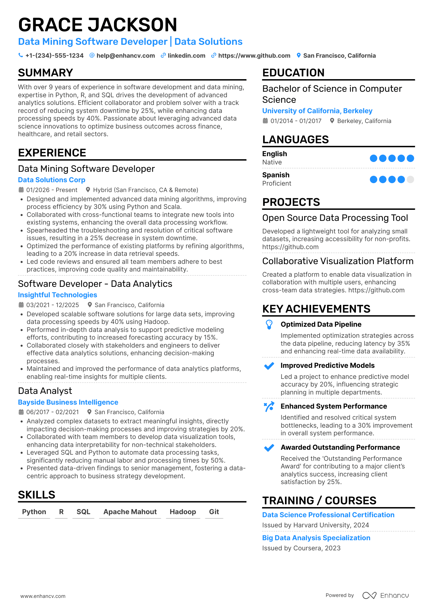 A resume example of a Data Mining Software Developer