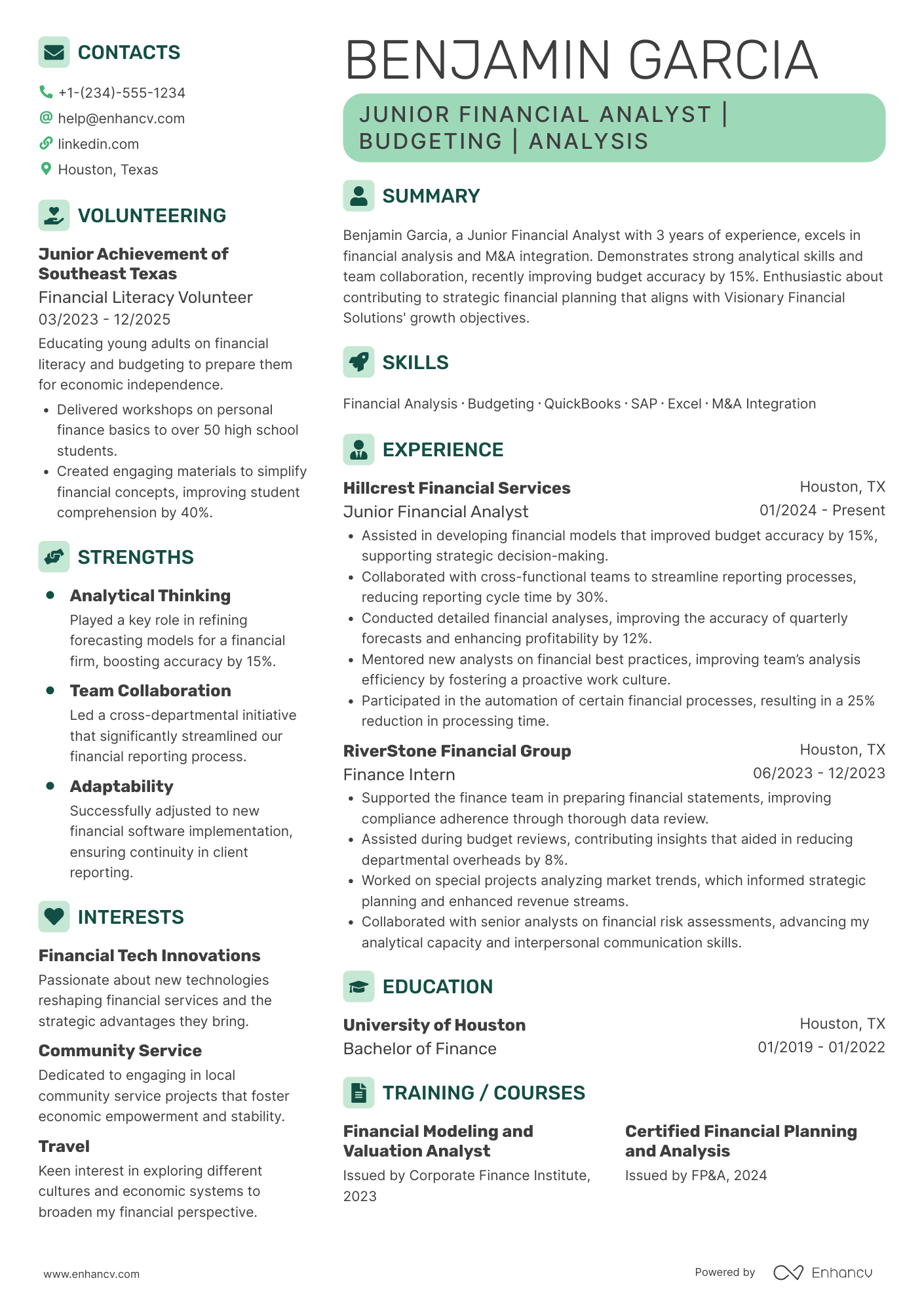 A resume example of a Junior VP of Finance