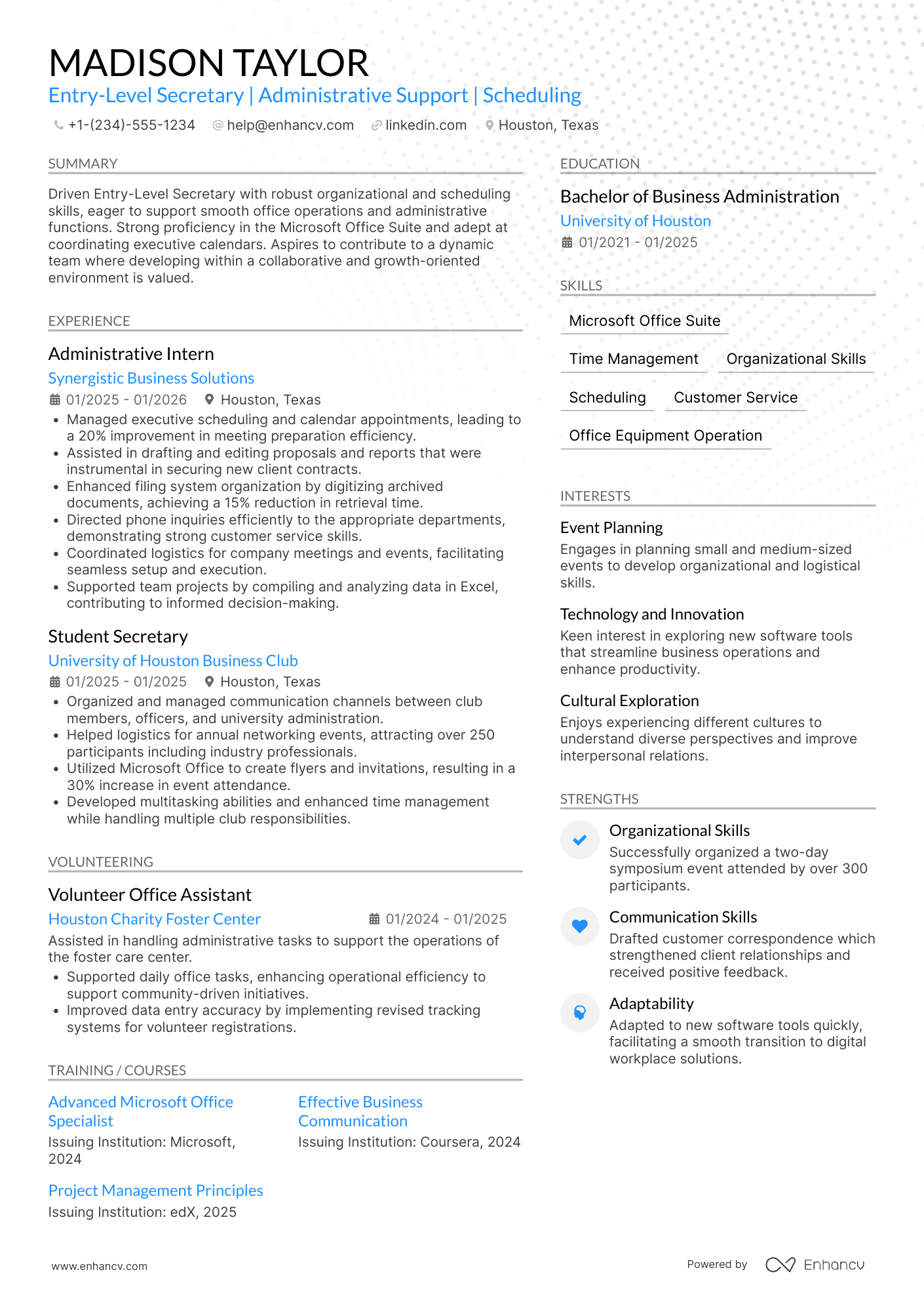 A resume example of a Entry Level Secretary