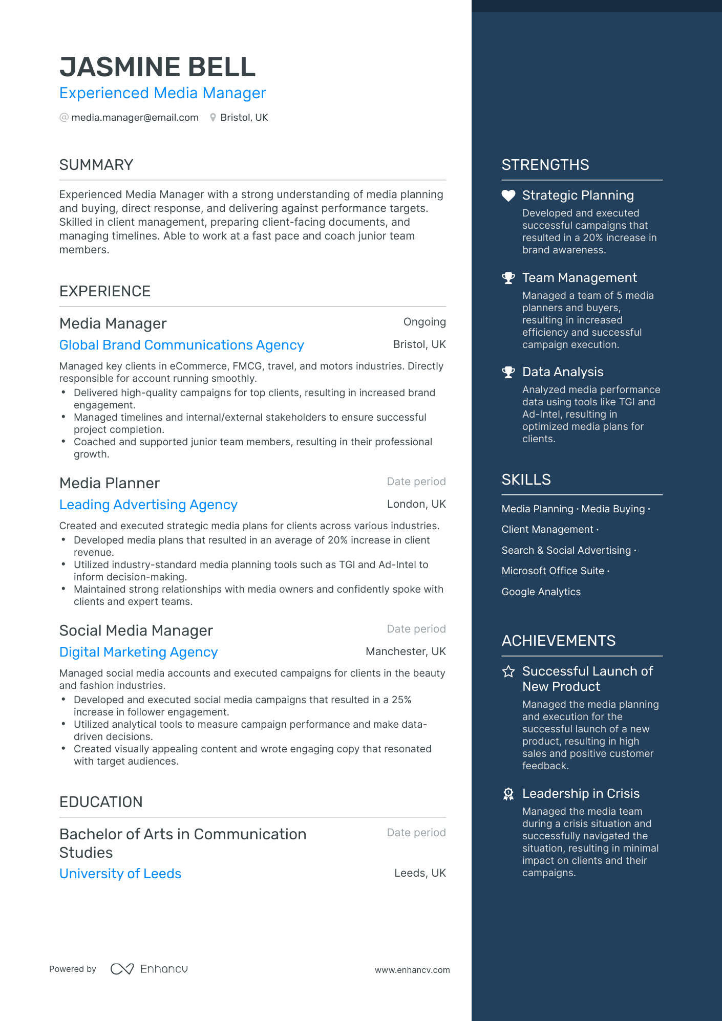 One Page Media Manager Resume Template