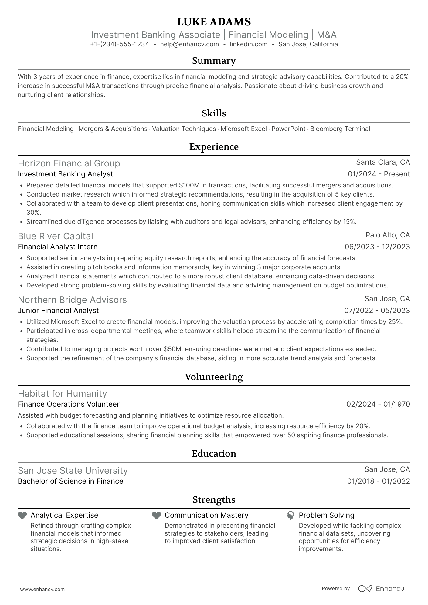 A resume example of a Investment Banking Associate