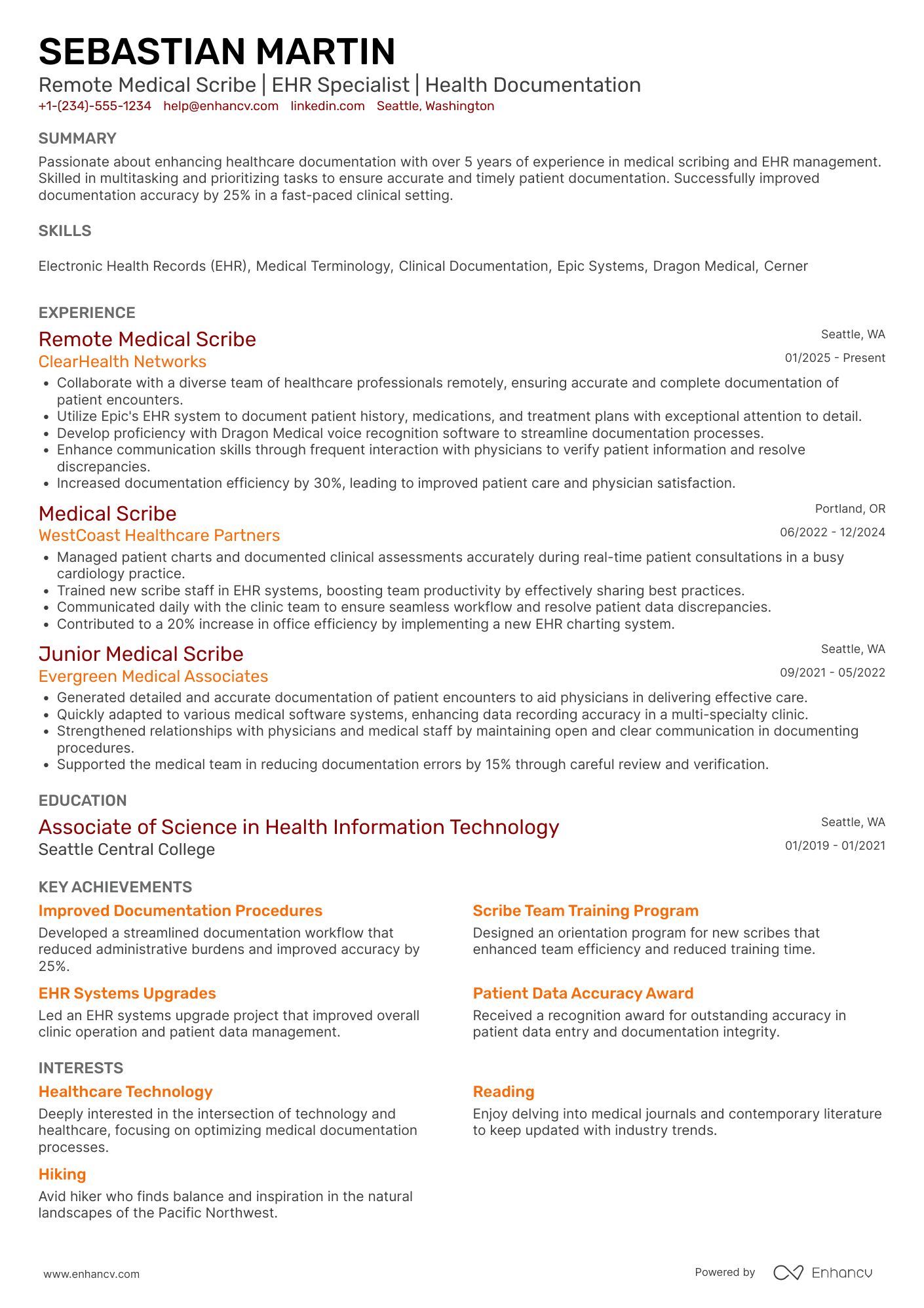 A resume example of a Remote Medical Scribe
