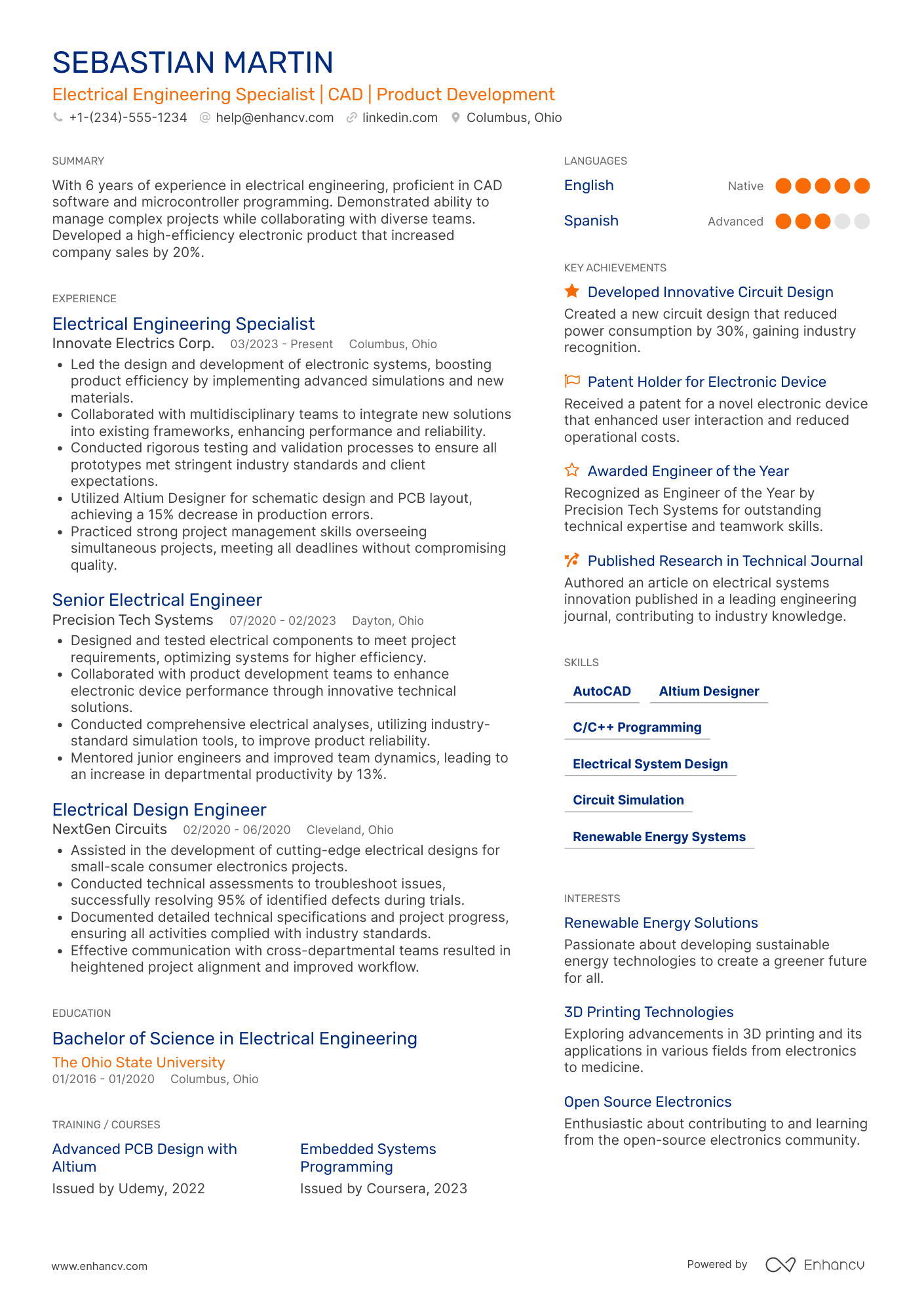 A resume example of a Mid Level Electrical Engineering Specialist