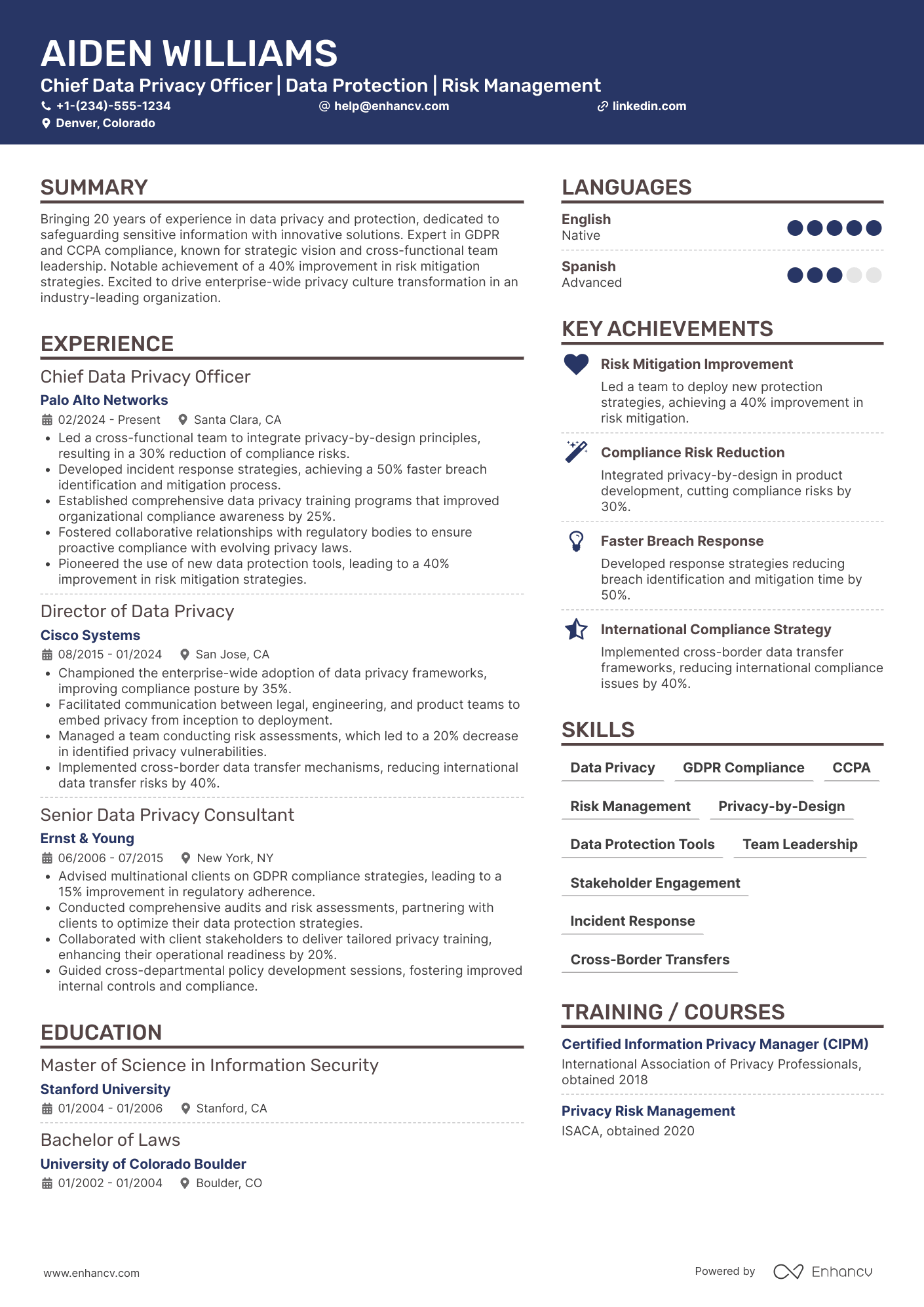 A resume example of a Chief Data Privacy Officer