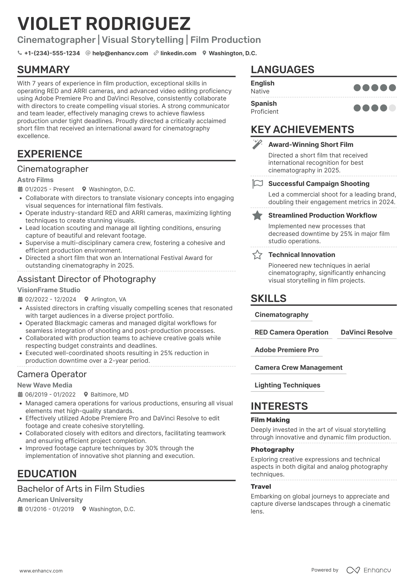 A resume example of a Cinematographer