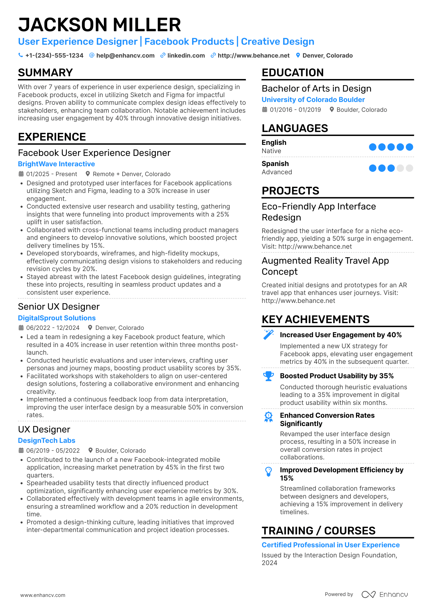 A resume example of a Facebook User Experience Designer
