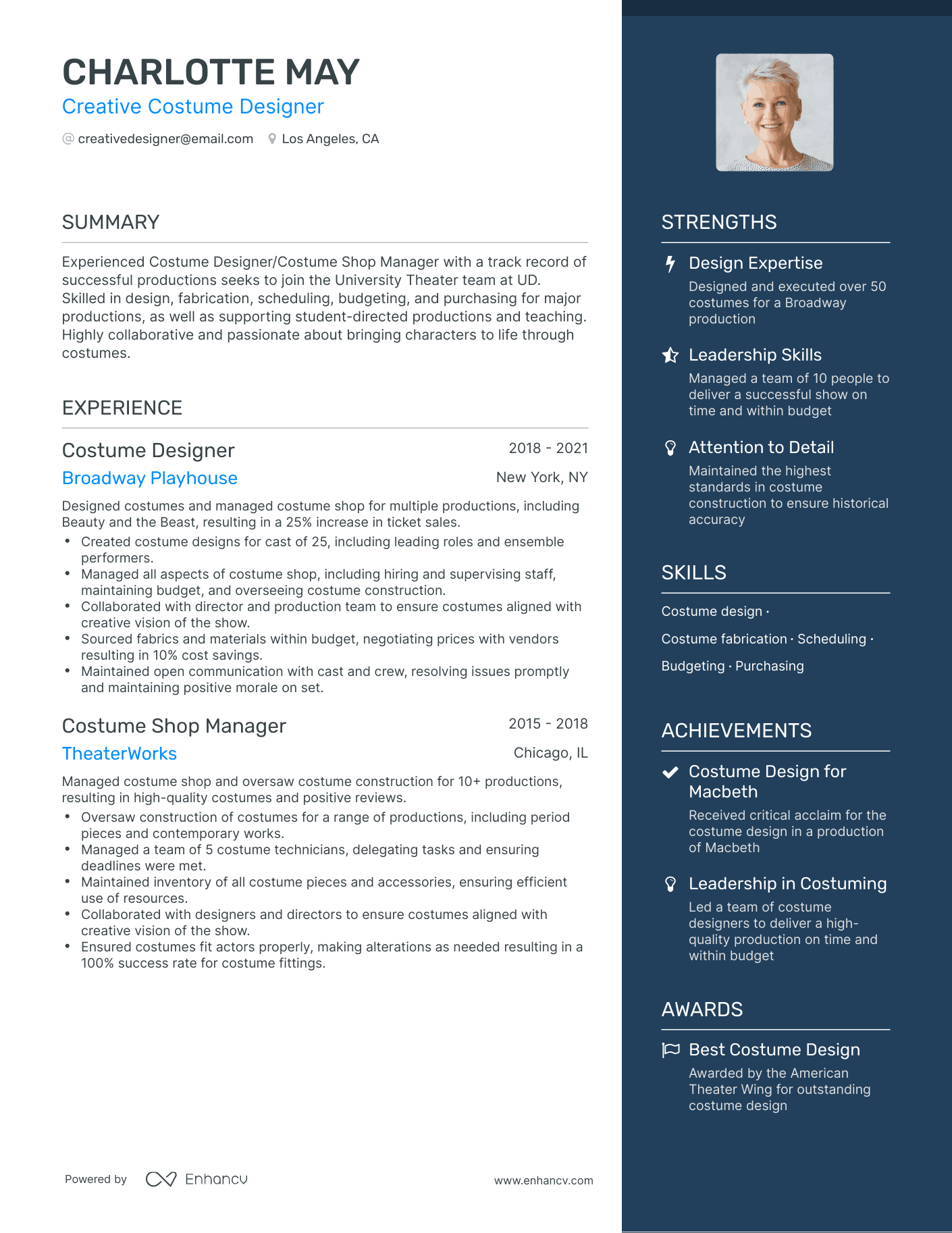 One Page Costume Designer Resume Template