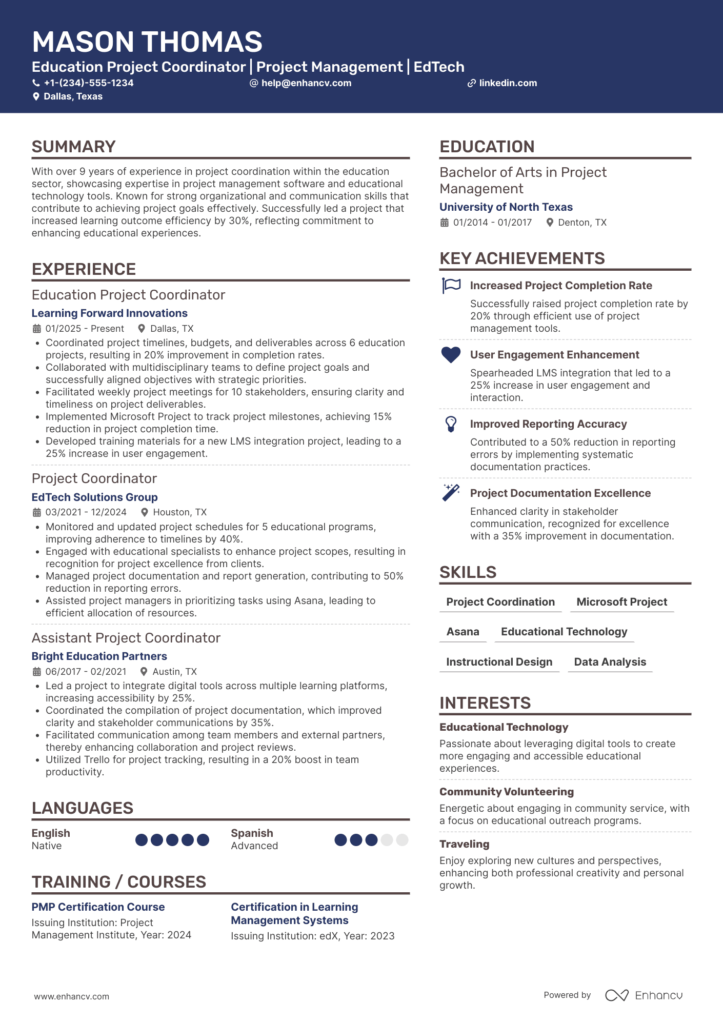 A resume example of a Education Project Coordinator