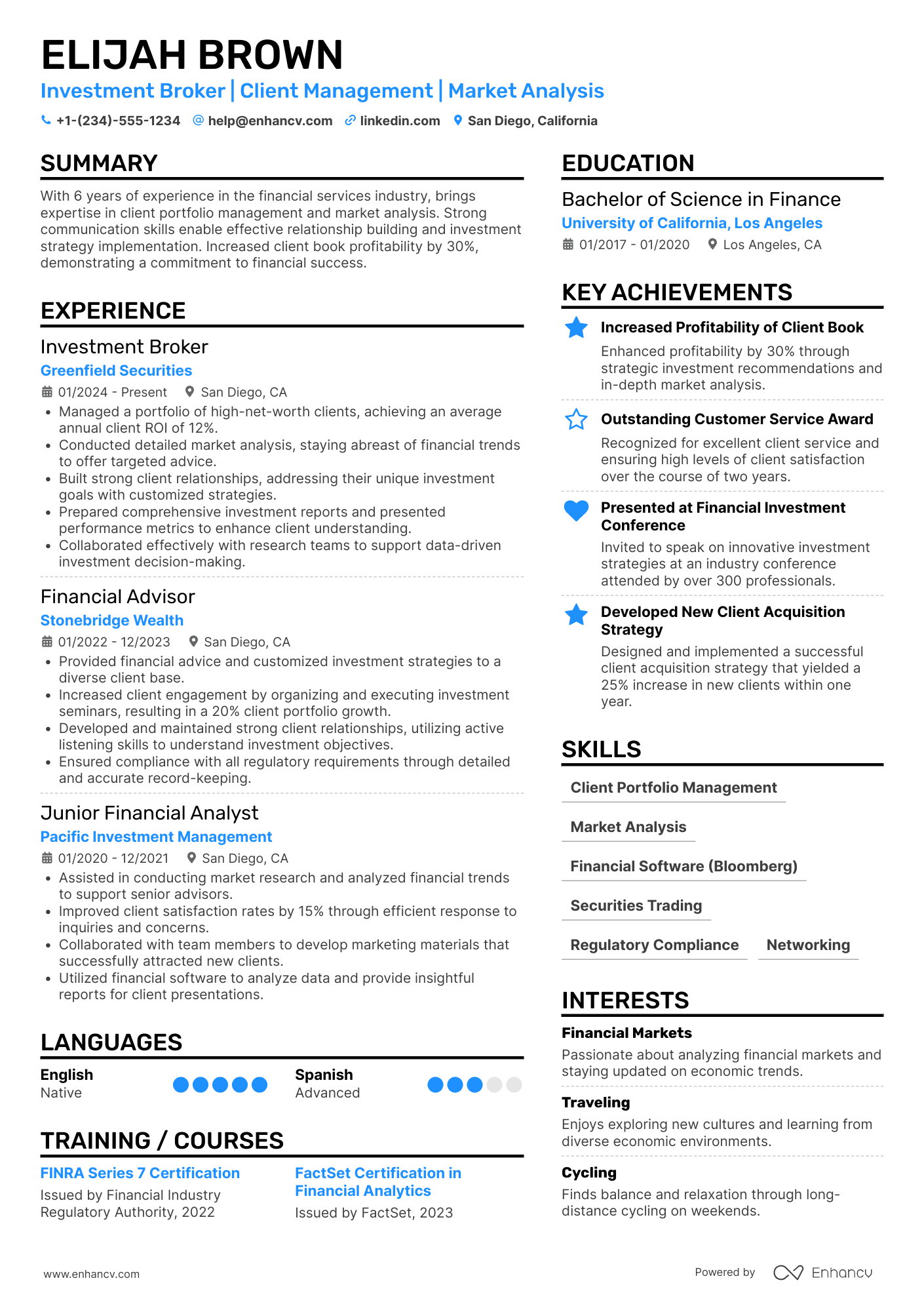 A resume example of a Investment Broker