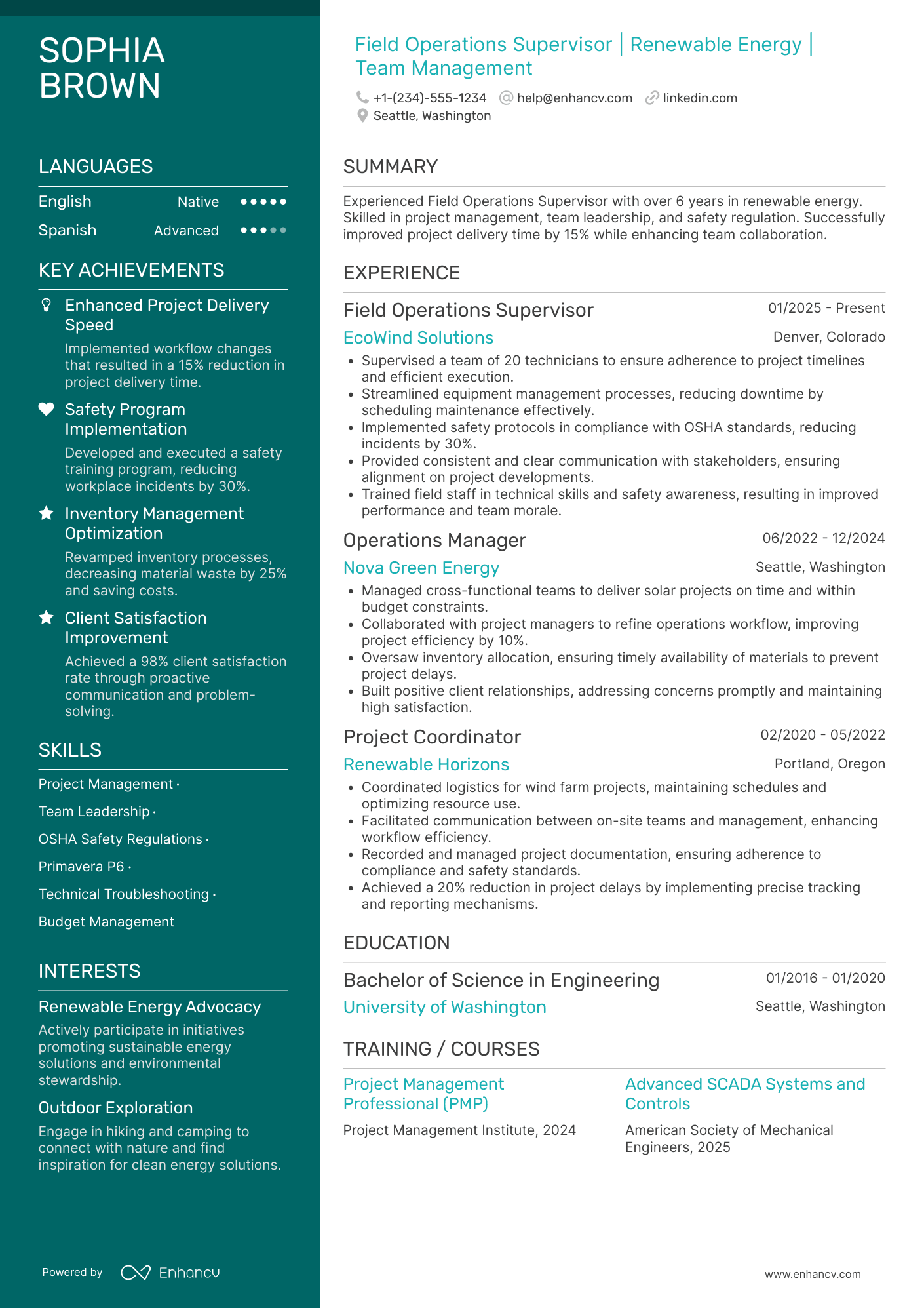 A resume example of a Field Operations Supervisor