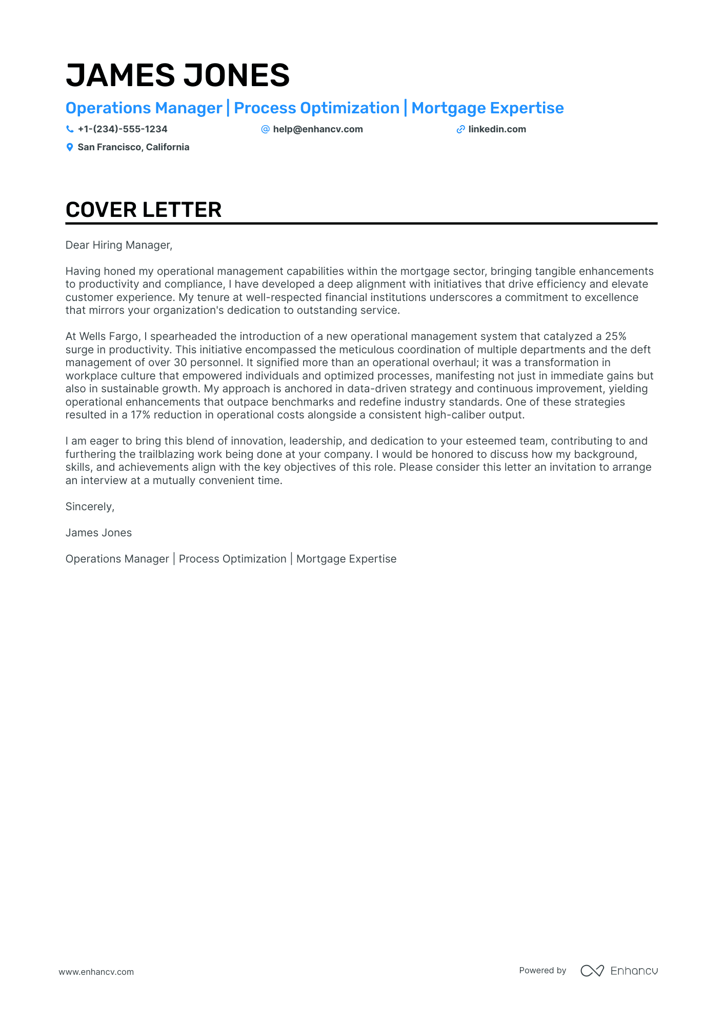 sample cover letter for operations manager position