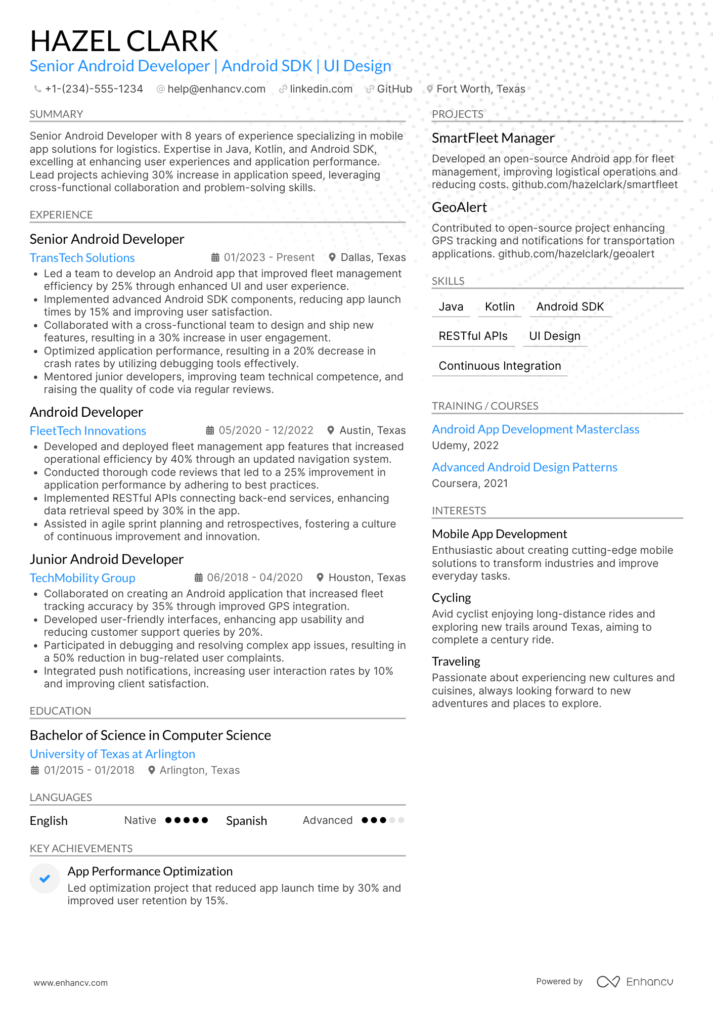 A resume example of a Senior Android Developer
