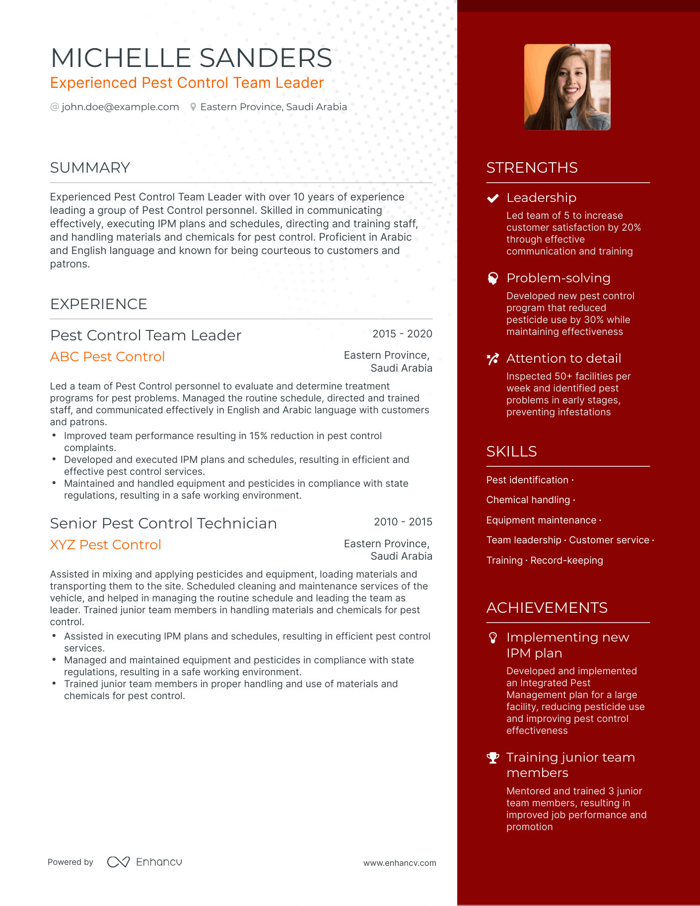 One Page Pest Control Resume Template