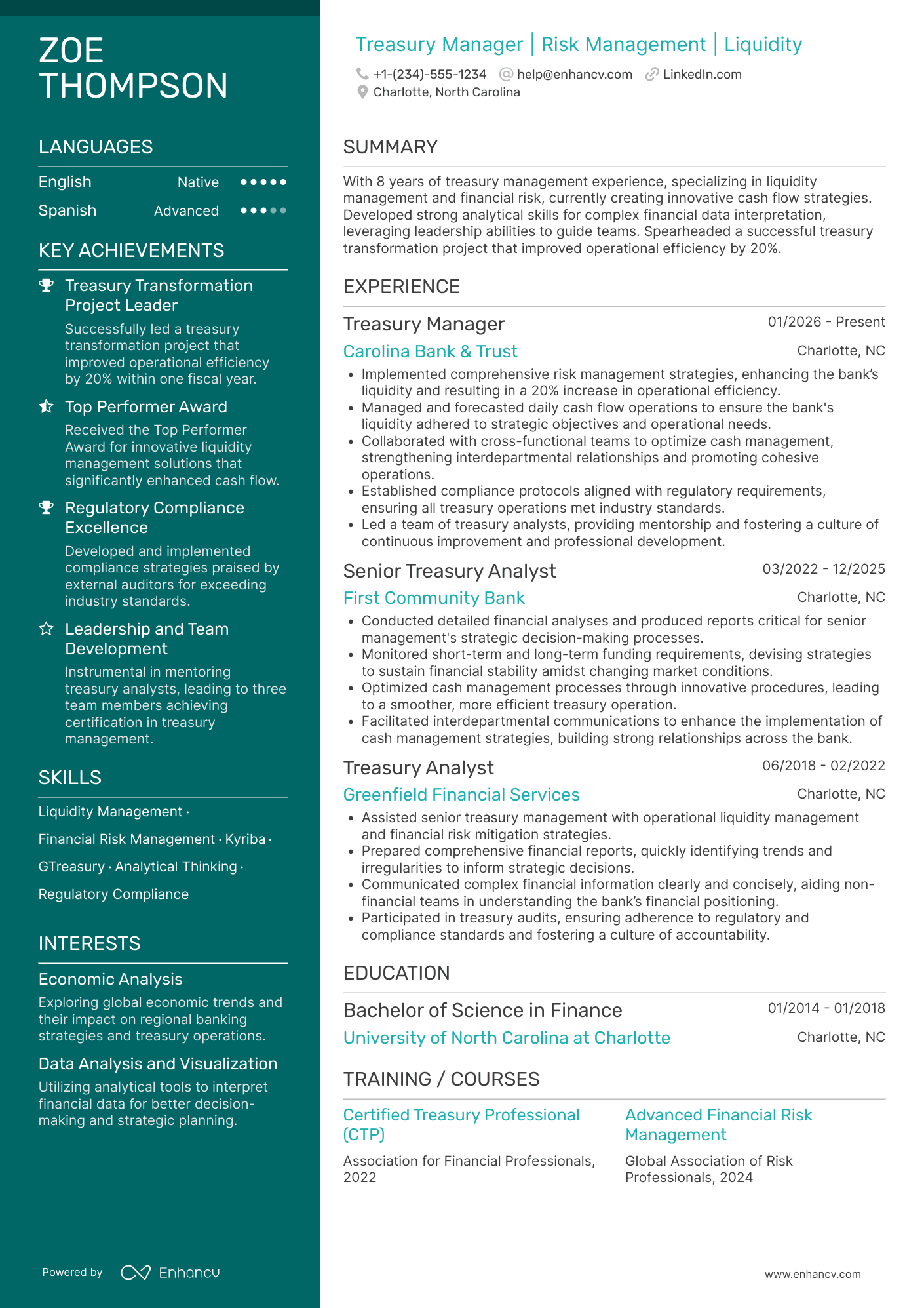 A resume example of a Bank Treasury Manager
