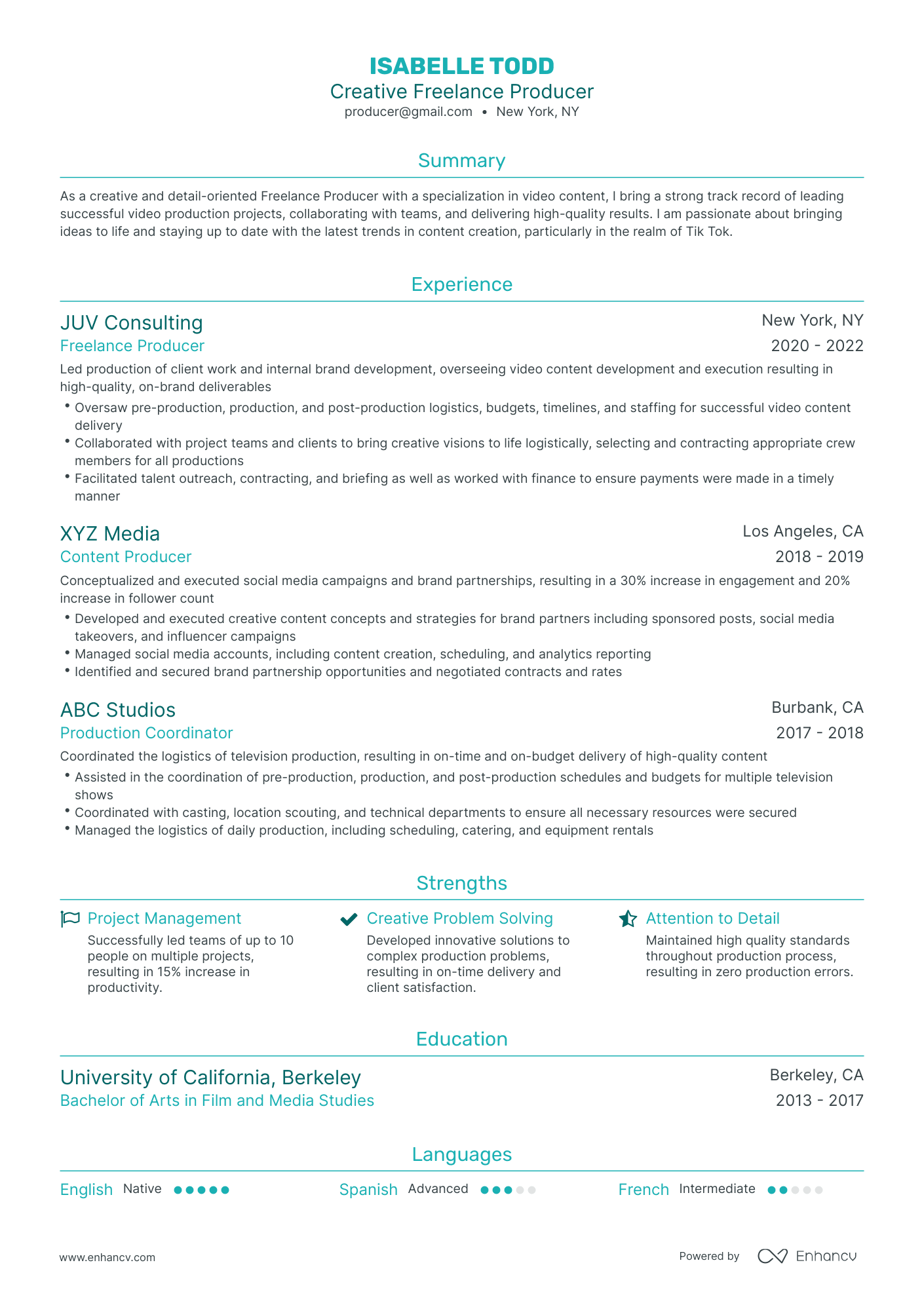 Traditional Freelance Producer Resume Template