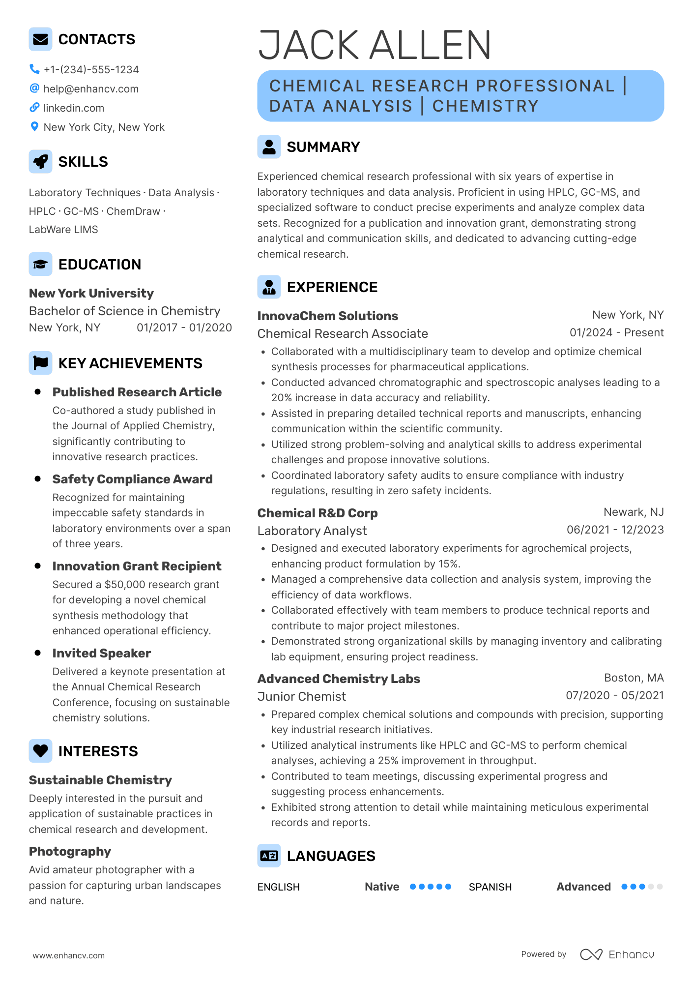 A resume example of a Chemical Research Assistant