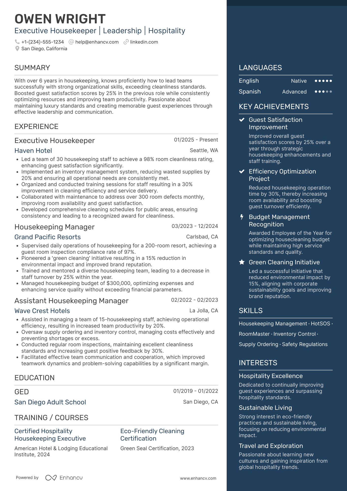 A resume example of a Executive Housekeeper