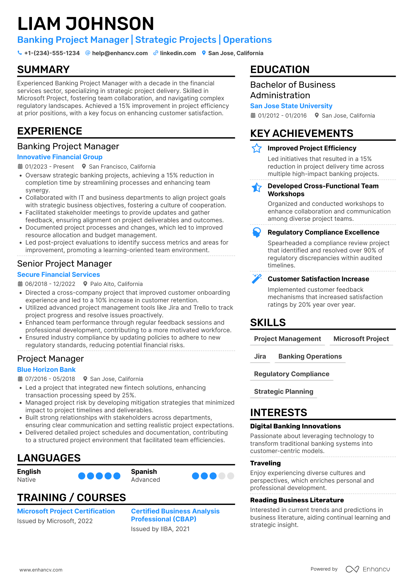 A resume example of a Banking Project Manager