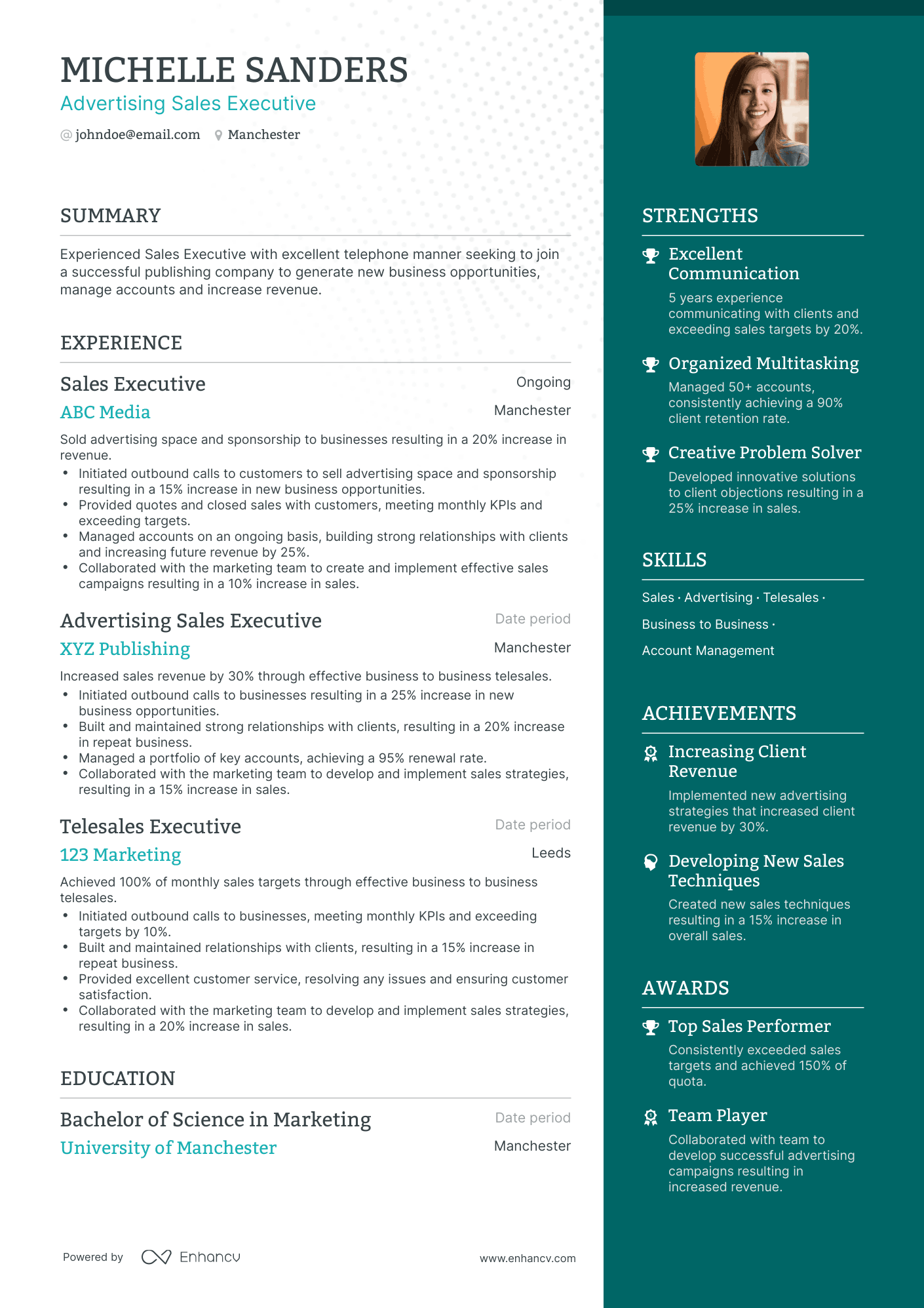One Page Advertising Sales Executive Resume Template