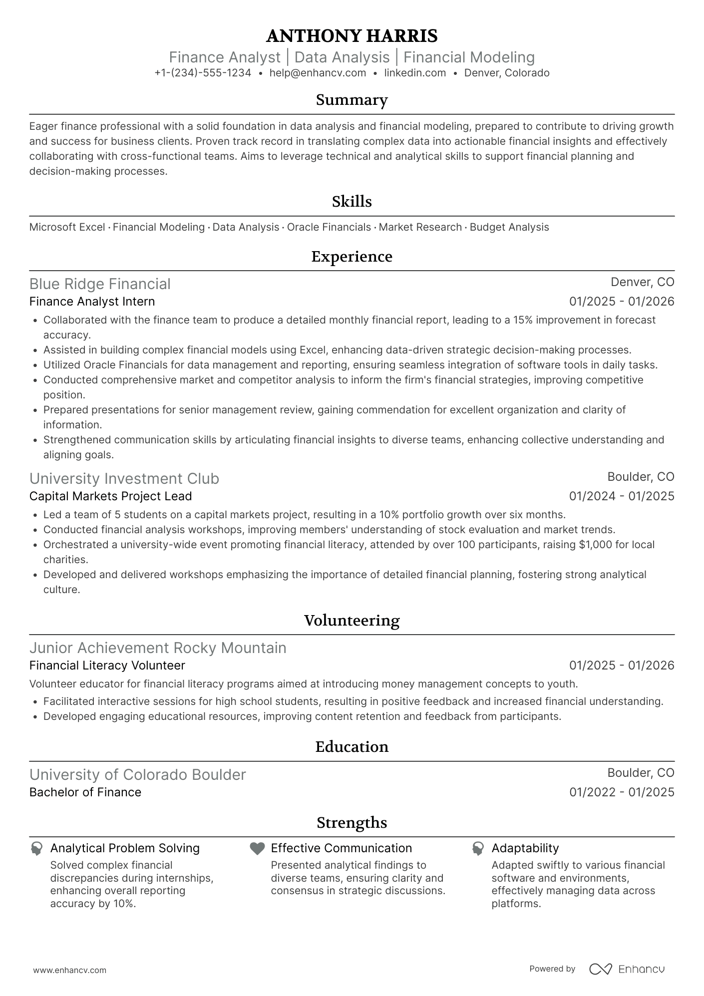 A resume example of a Entry Level Finance Analyst