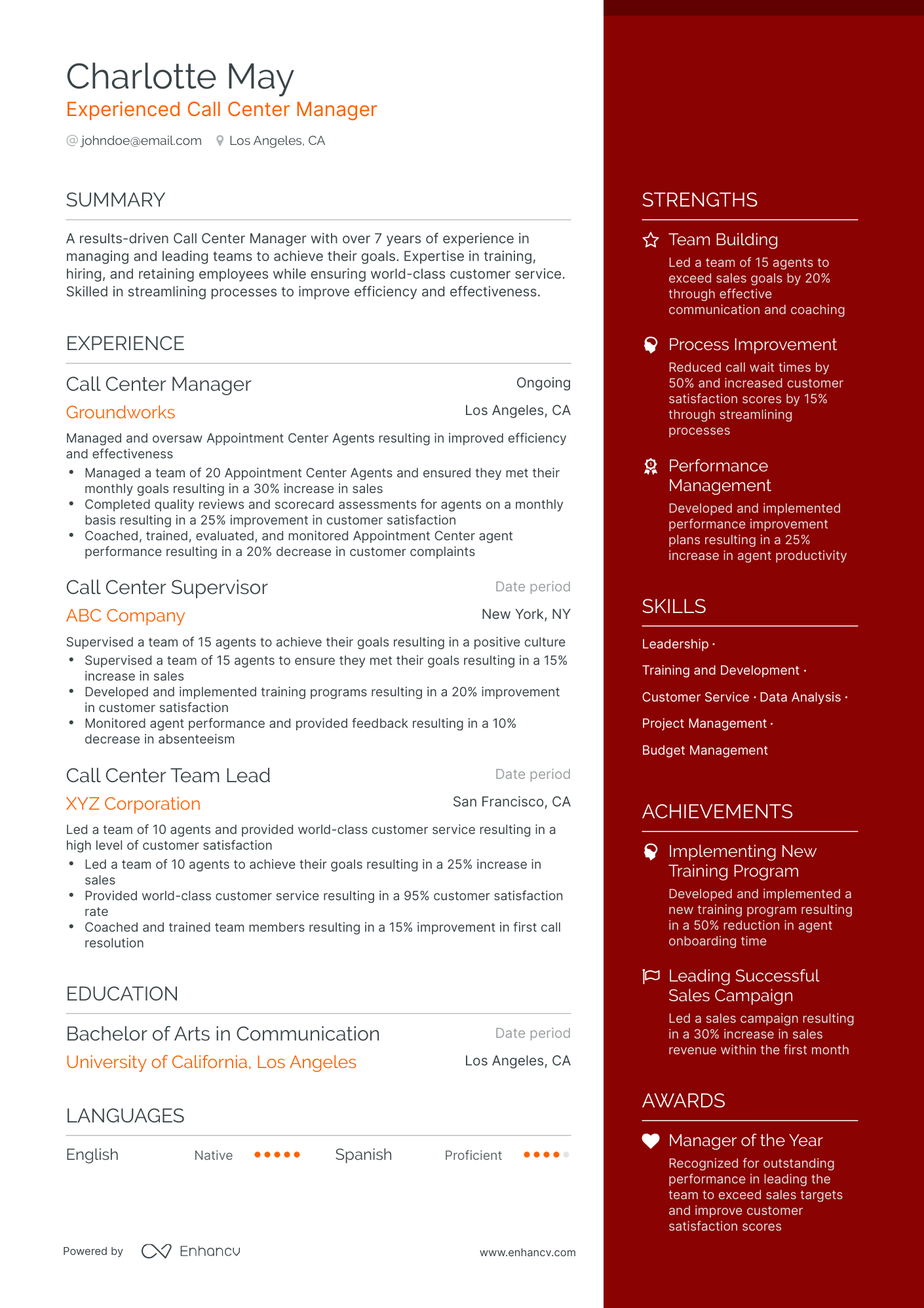 One Page Call Center Manager Resume Template