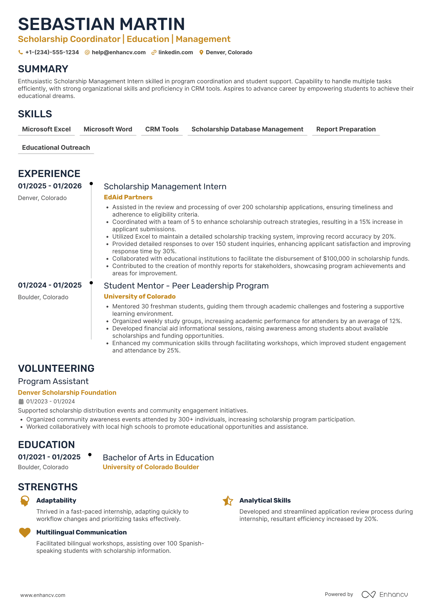 A resume example of a Entry Level Scholarship Coordinator