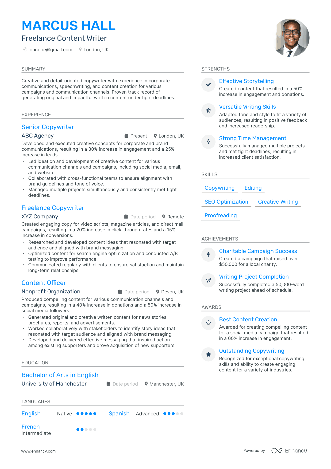 resume sample for a writer