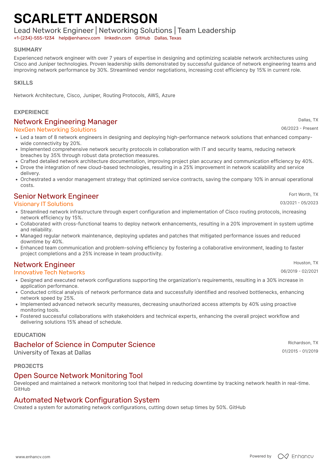 A resume example of a Lead Network Engineer
