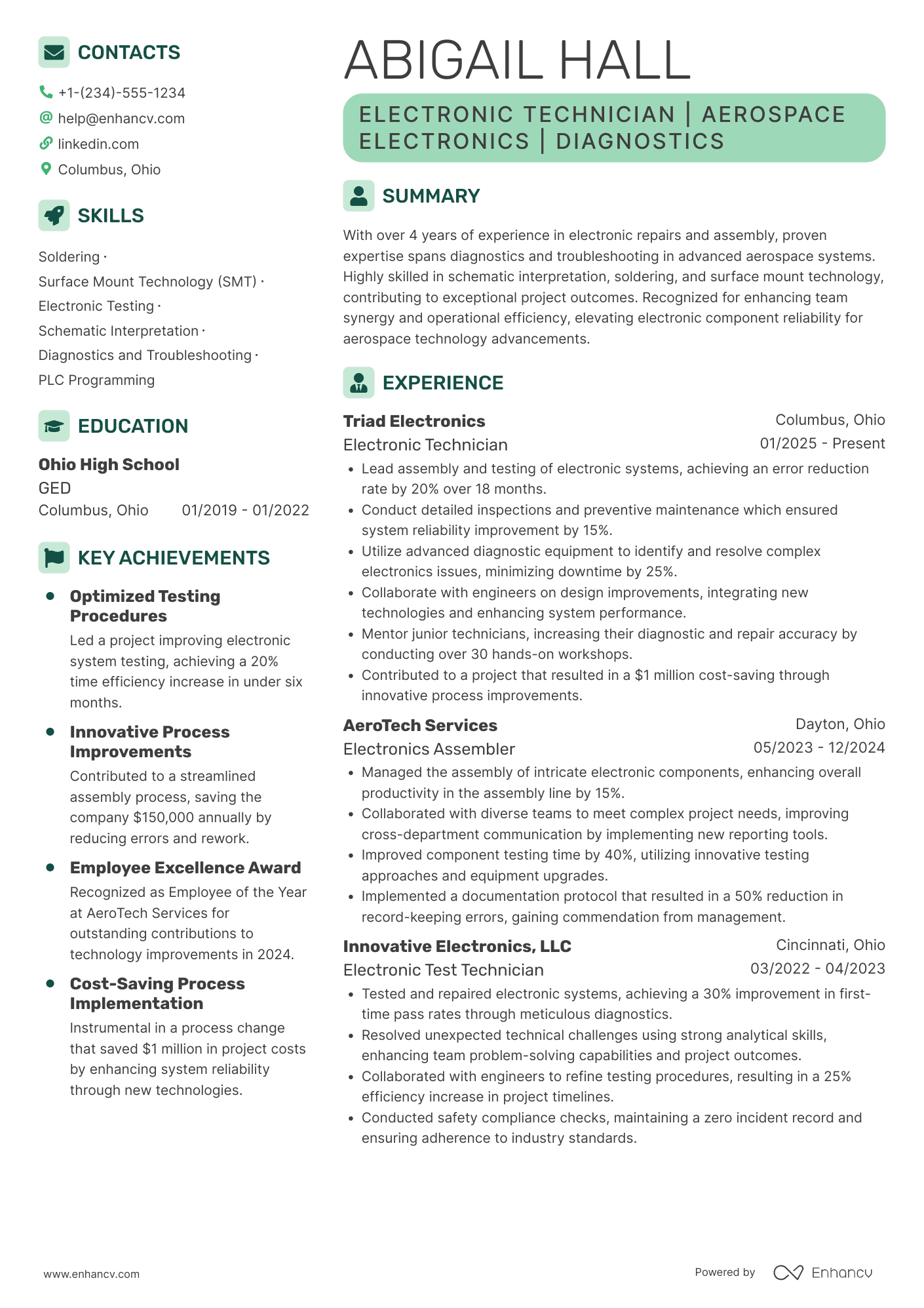 A resume example of a Electronic Technician