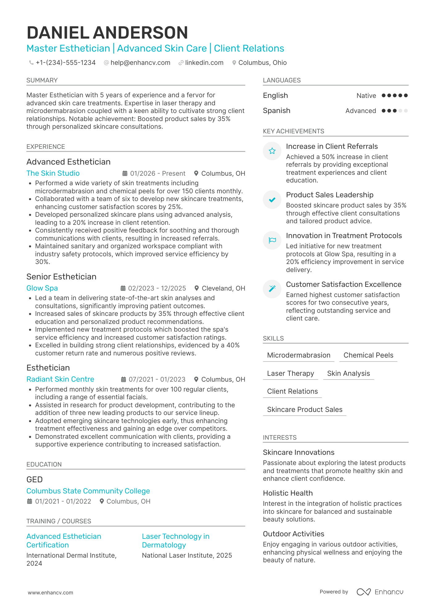 A resume example of a Master Esthetician