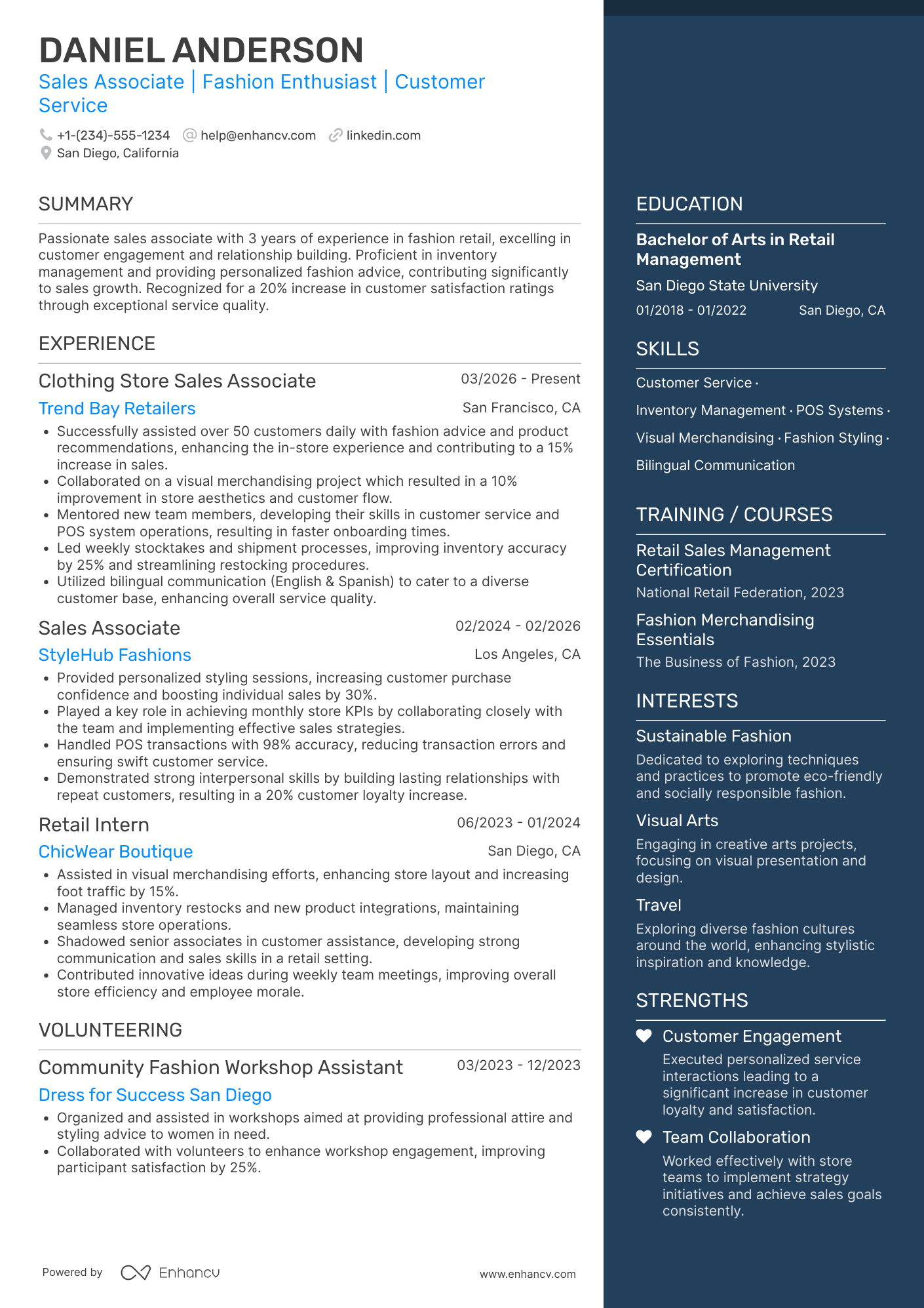 A resume example of a Clothing Store Sales Associate